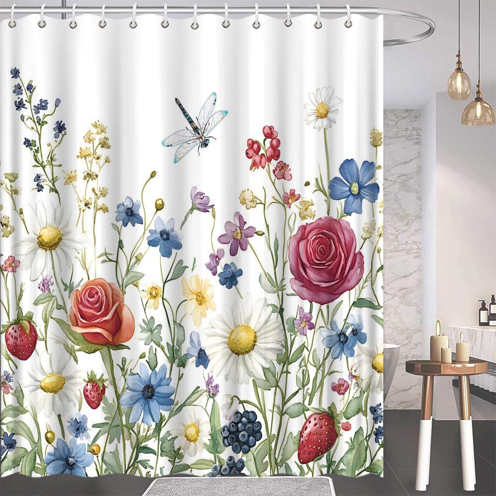 Floral Dragonfly Shower Curtain Blue Red Flower Watercolor Plant Rose Daisy Spring Farmhouse Wildflower Flowered Bathroom Polyester Curtains Set with Hooks 70x84 Inch