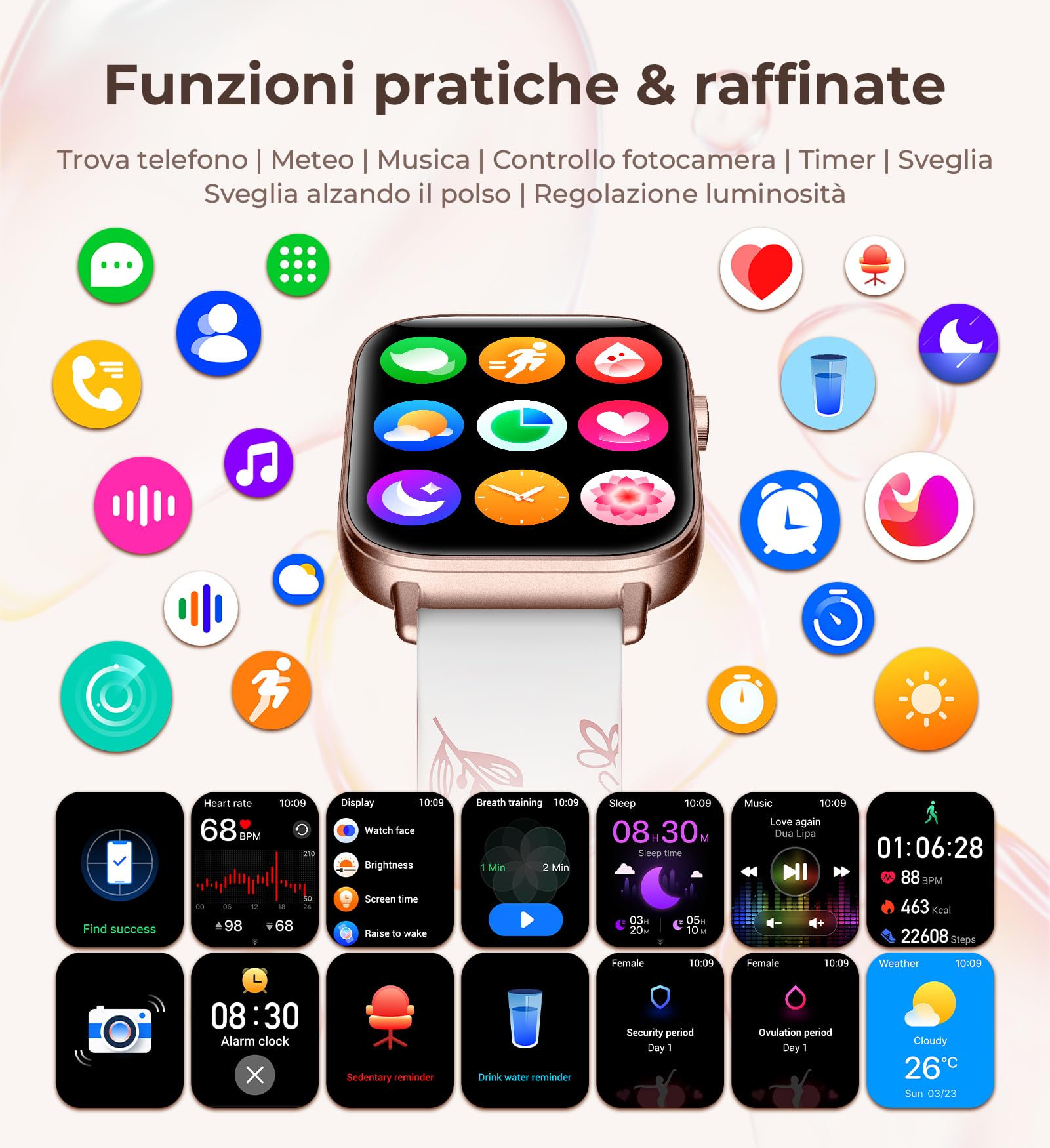 Iaret Smartwatch Donna, 4 Cinturini & Collana Regalo, 1.83" Orologio Chiamate HD, 110+ Sport Fitness Tracker, Monitoraggio Sonno/Frequenza Cardiaca/Ciclo/Contapassi, per iPhone/Android, Oro Rosa