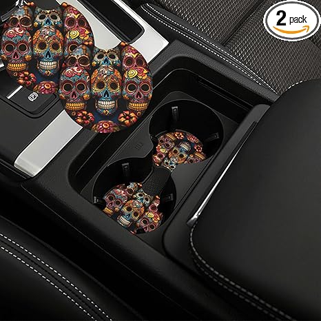 Car Cup Holder Coasters 2 Pack Non-Slip Insert Car Coaster with A Finger Notch Round Car Drink Coaster Colorful Sugar Skulls Car Cup Mat Pad Cute Car Interior Assecories for Most Car