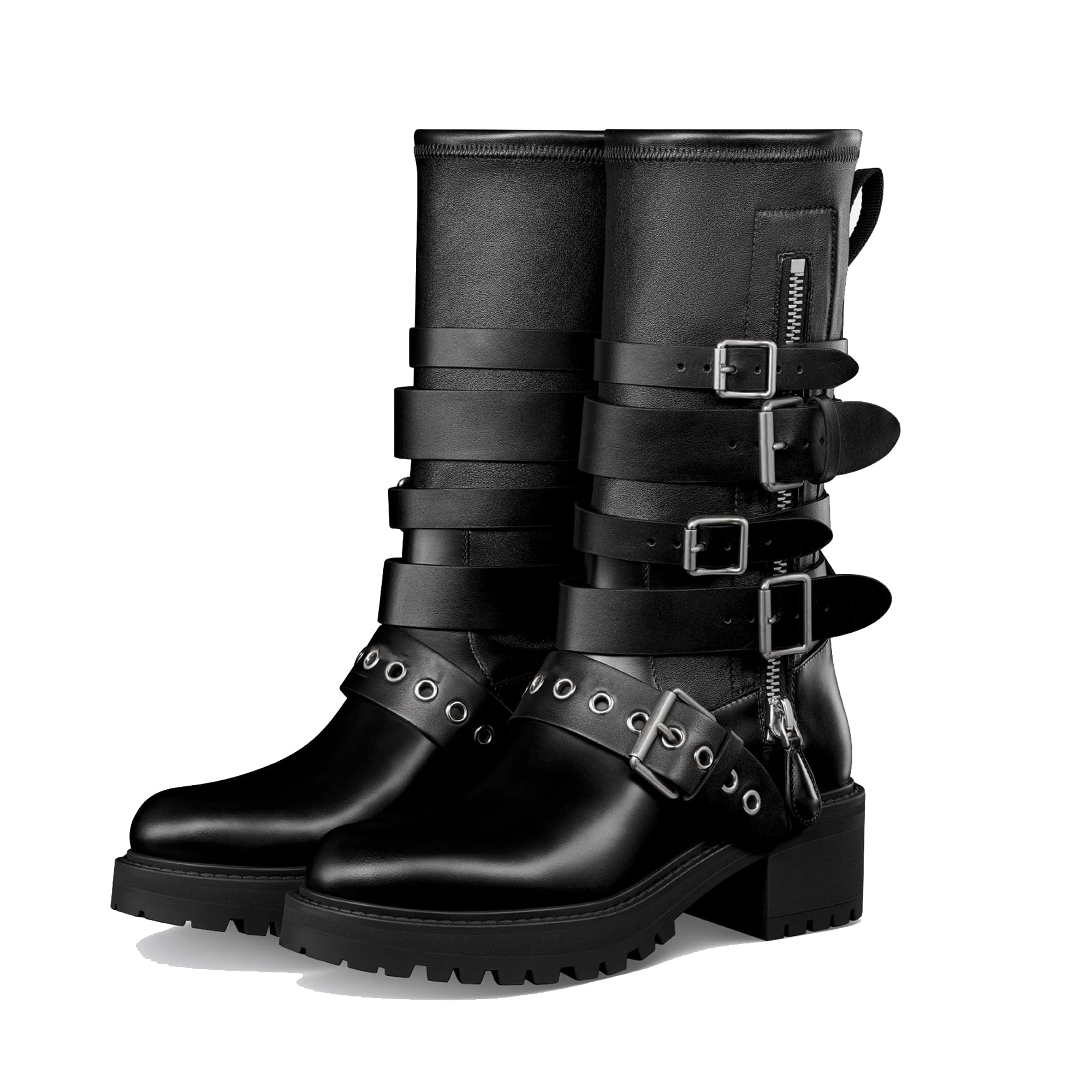 Arqa Womens Pull on D-Fight Ankle Boots Black Leater Leather-effect Stretch Sock Boots Punk Decorative Adjustable Straps with