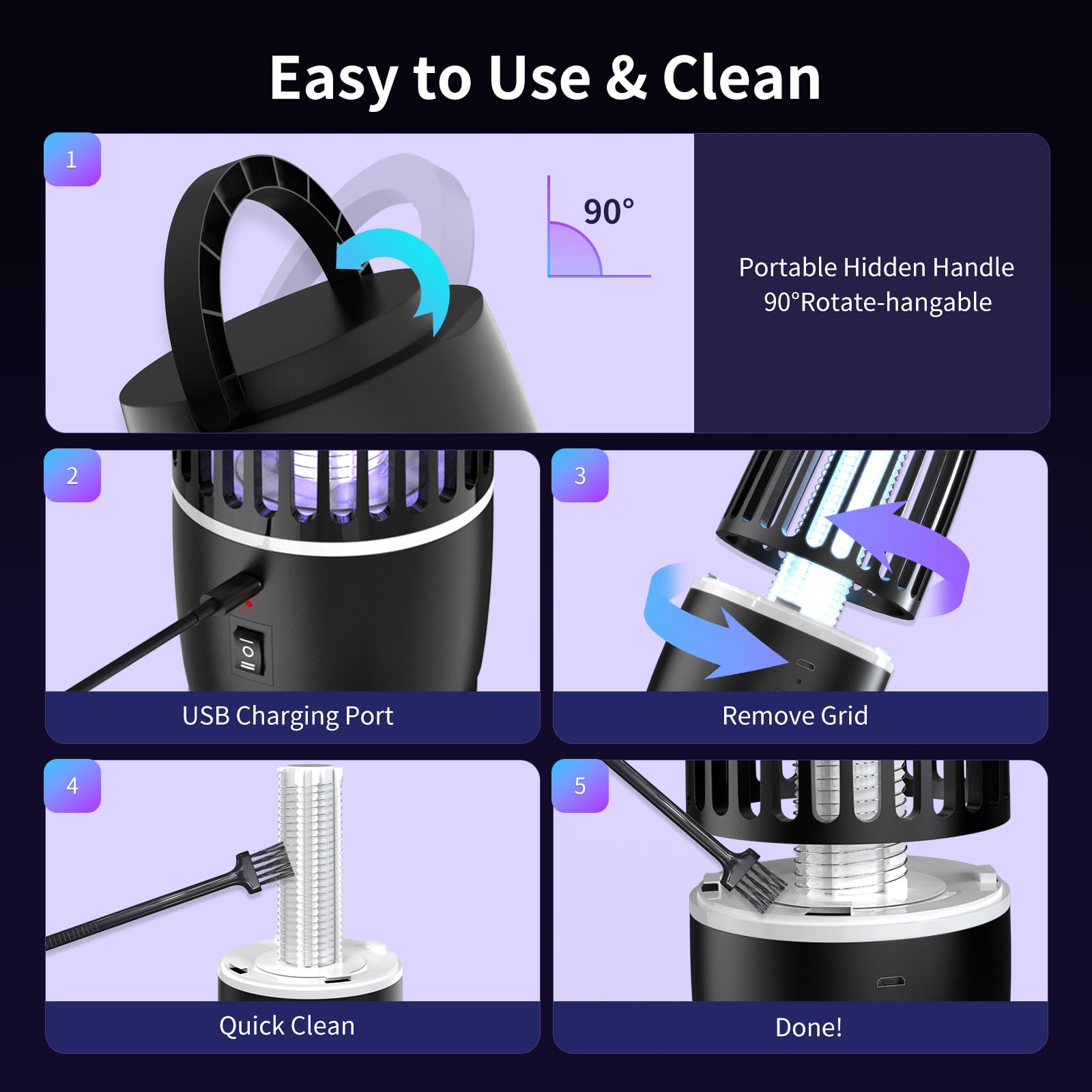 Lampe Anti Moustique, Lampe électrique Anti Insectes 4000mAh Rechargeable USB Piège à Mouche Insectes 360 ° UV Électrique Anti Moustique Veilleuse Intérieur Extérieur Veilleuse Puissant Attrayant