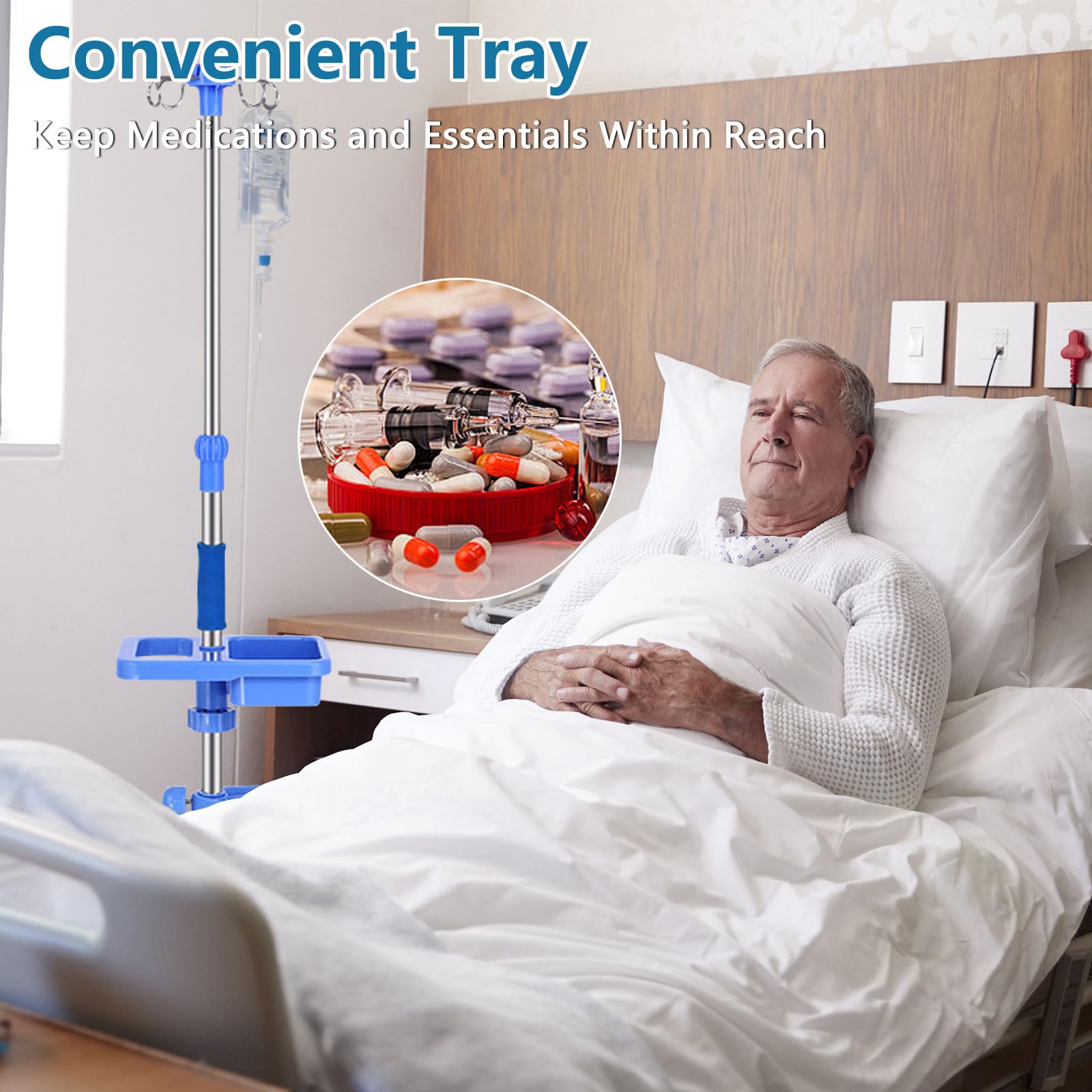 Infusionsständer mit Rollen Edelstahl, Höhenverstellbar 110–200 cm, 5-Rad Basis, 4 Haken für mehrere Patienten, Aufbewahrungsbox mit 4 Netztaschen – Tragbarer IV Ständer