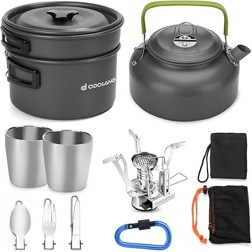 Odoland 12pcs Camping Cookware Mess Kit with Mini Stove, Lightweight Pot Pan Kettle with 2 Cups, Fork Spoon Kit for Backpacking, Outdoor Camping Hiking and Picnic