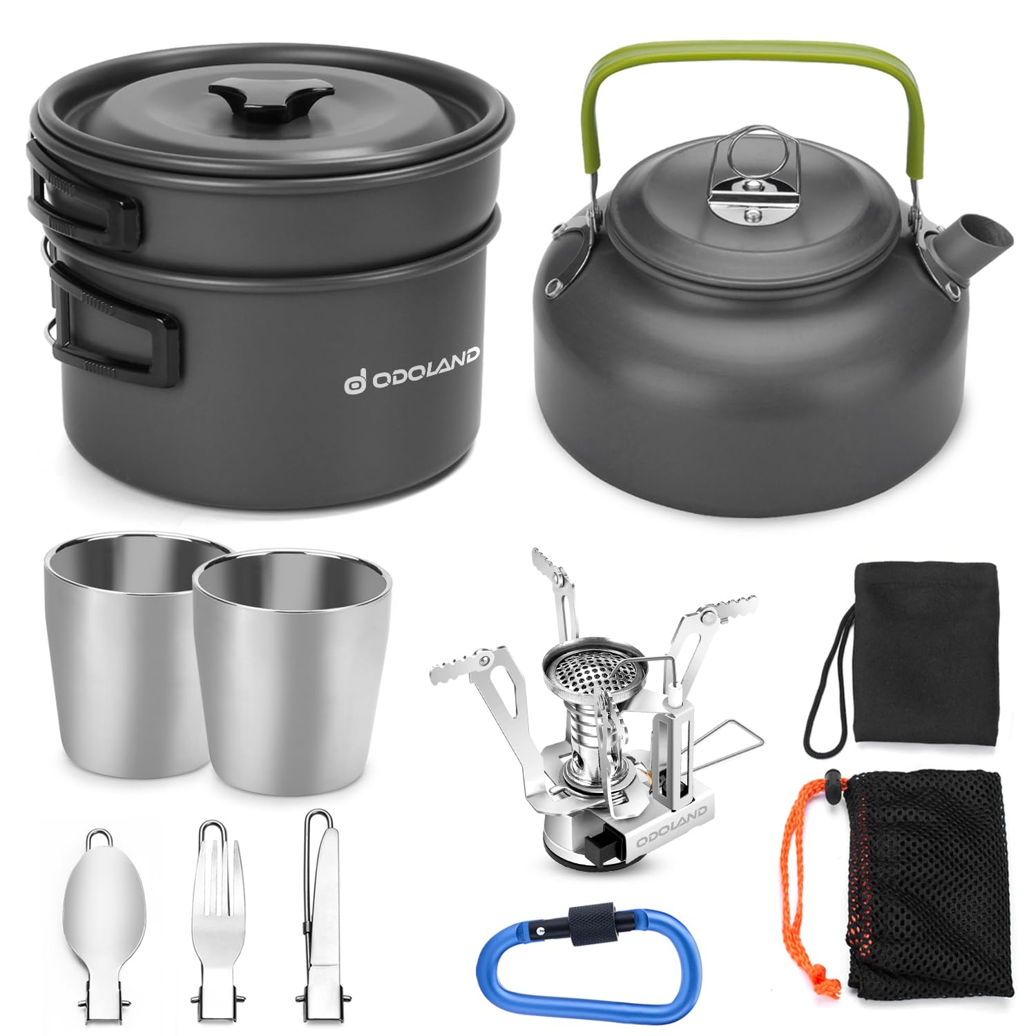Odoland Camping Cookware Set 10PCS Aluminium Popotes Cuisine avec Cafetière Théière Portable pour 1-2 Personnes