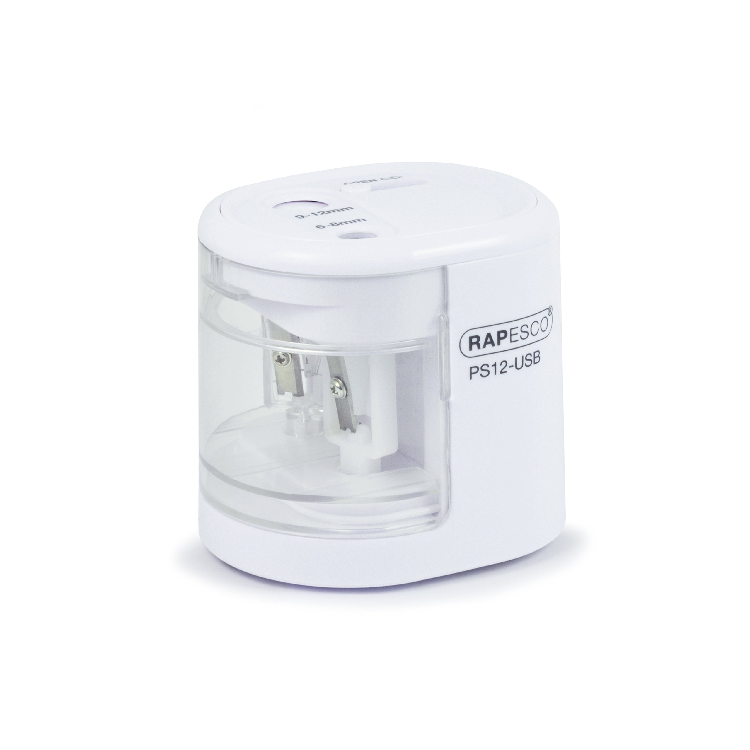 Rapesco 1448 PS12-USB Taille-Crayon Électrique Automatique, à Utiliser avec Câble USB (inclus) ou Piles (non inclus), Blanc