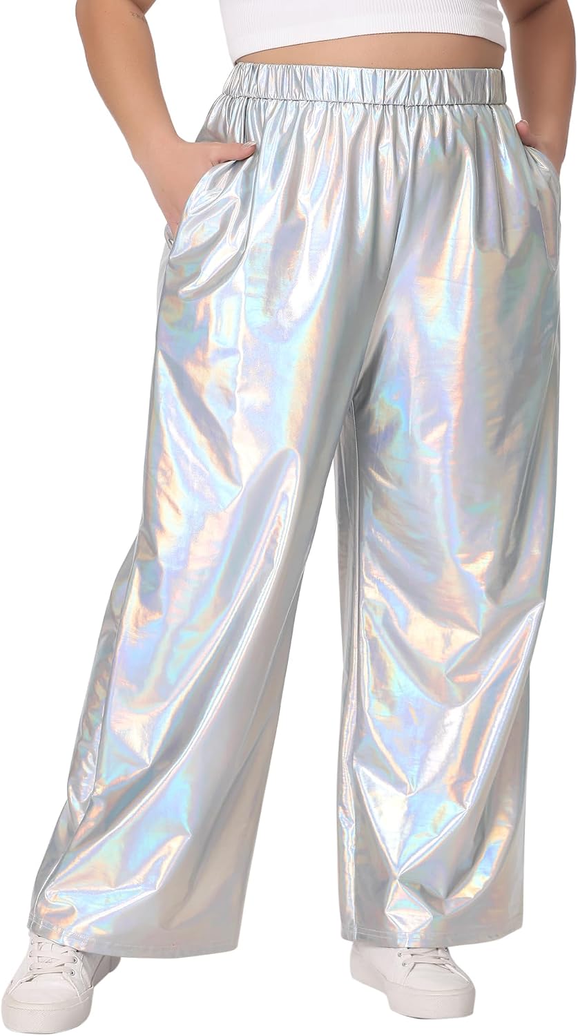 Agnes Orinda Plus Size Metallic High Waist Stretchy Jogger Pants for Women Holographic Hip Hop Streetwear