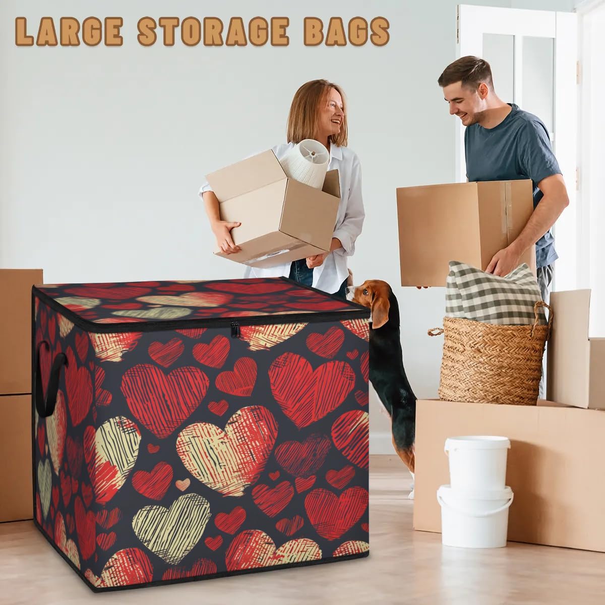 Honeybaby 214L Extra Large Comforter Storage Bag Day Valentines Hearts Storage Totes with Lids Waterproof Closet Organizer Folding Blanket Storage Bags for Clothes Bedding Pillows