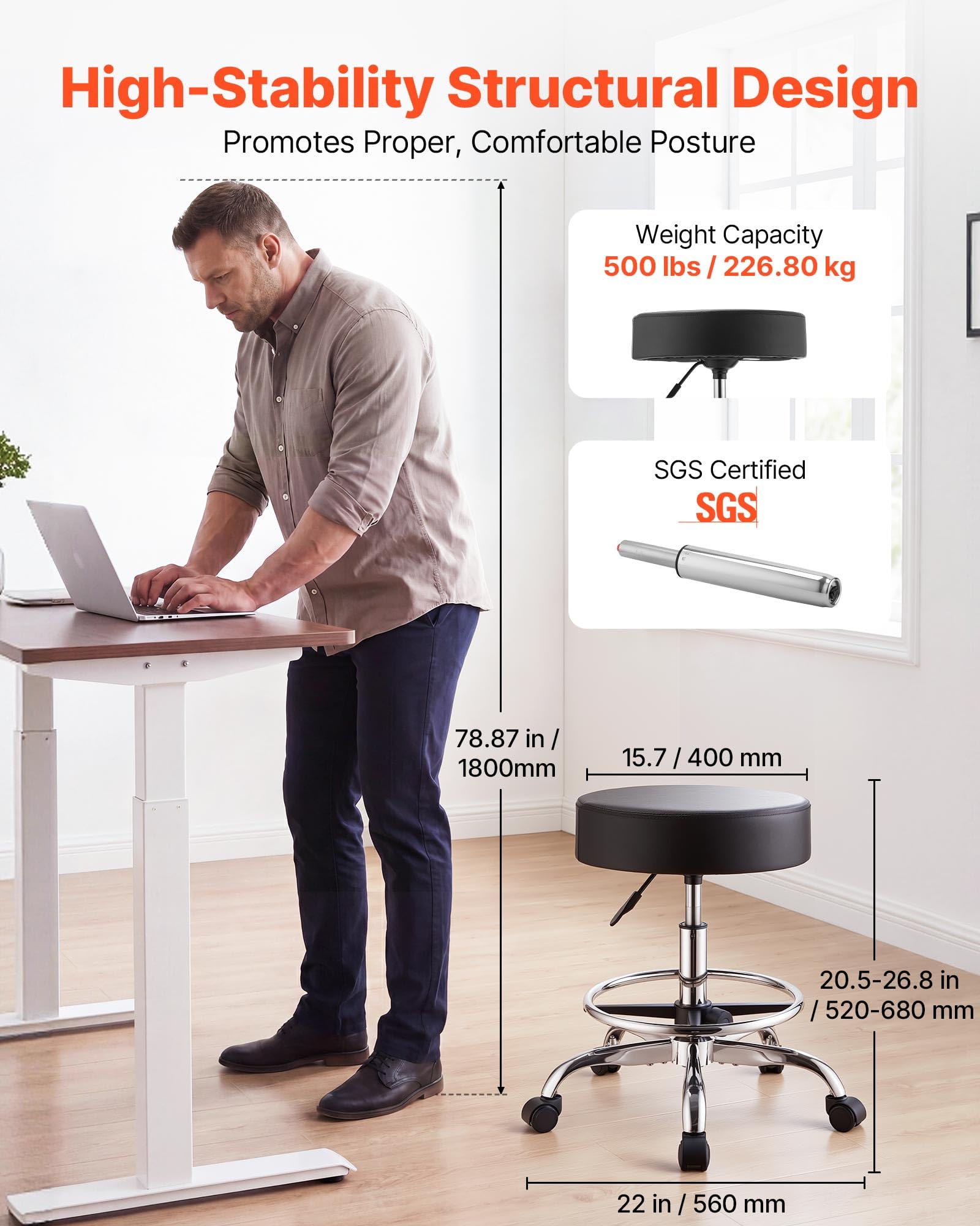 VEVOR Taburete Giratorio de Trabajo, Taburete con Ruedas y Reposapiés, Capacidad de Carga de 226,8 kg, Altura Ajustable, Asiento Ergonómico Acolchado y Tapizado, para Oficina Clínica Peluquería, Negro