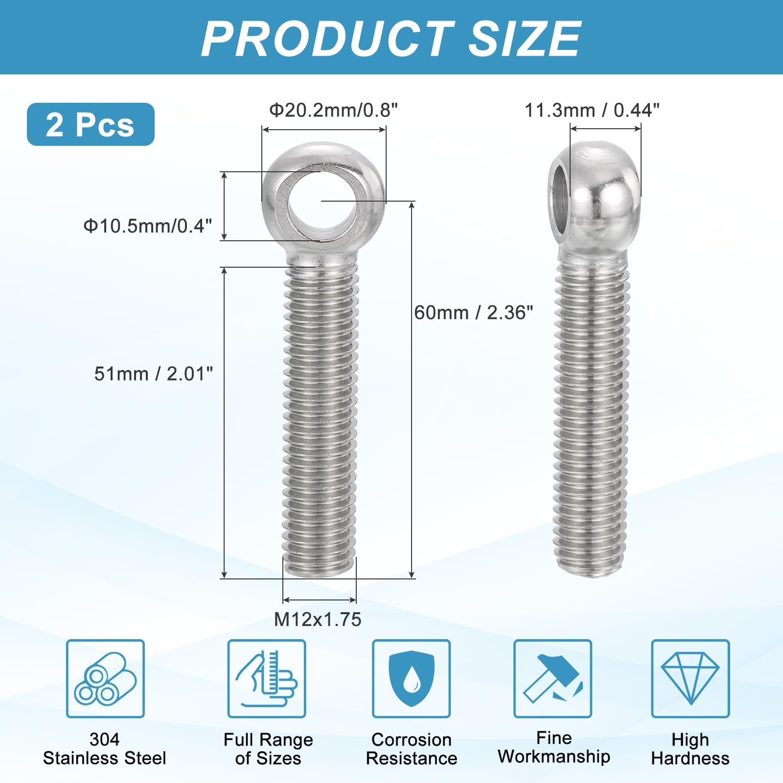 PATIKIL 2 Pcs M12x60mm Shoulder Swing Lifting Eye Bolt - Image 2