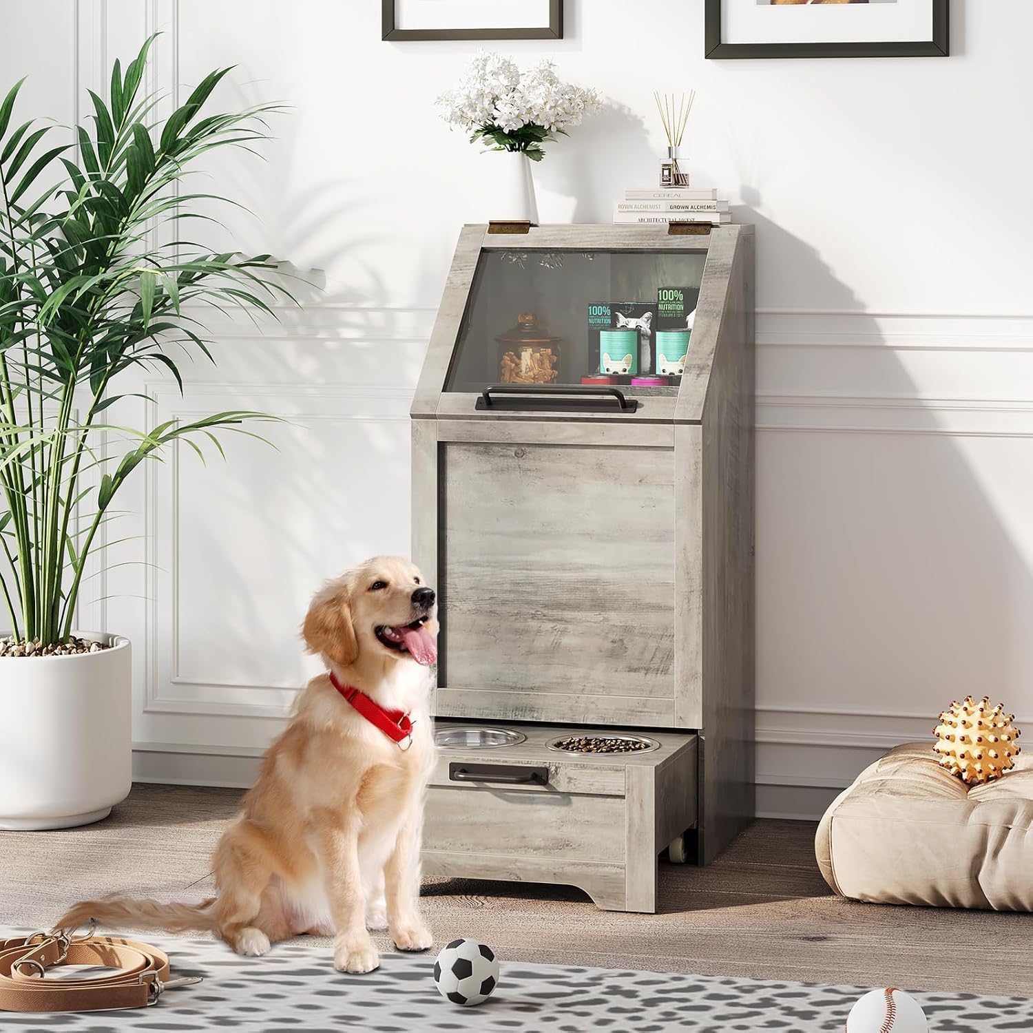 Station d'alimentation pour Chien, Meuble d'armoire Alimentaire avec 2 gamelles surélevées pour Chien, Couvercle Rabattable, Grand Espace pour Nourriture Et Jouets–Meuble en Bois élégant