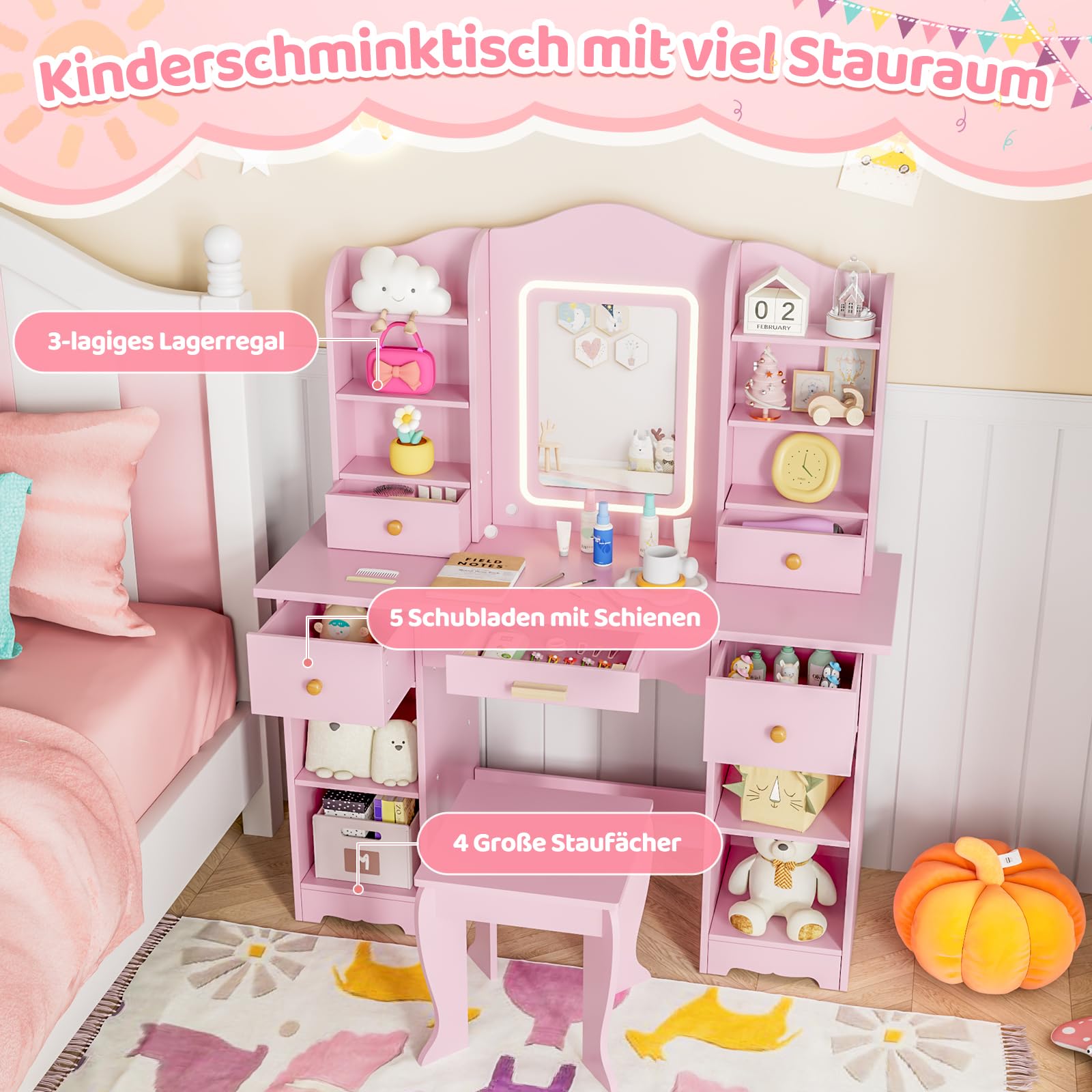 MAMIZO Schminktisch Kinder mit LED Beleuchtung, Kinderschminktisch mit Spiegel, Schreibtisch mit Hocker, 5 Schubladen und 10 Fächer, Prinzessin Frisiertisch, Schminktisch Mädchen ab 3, Rosa