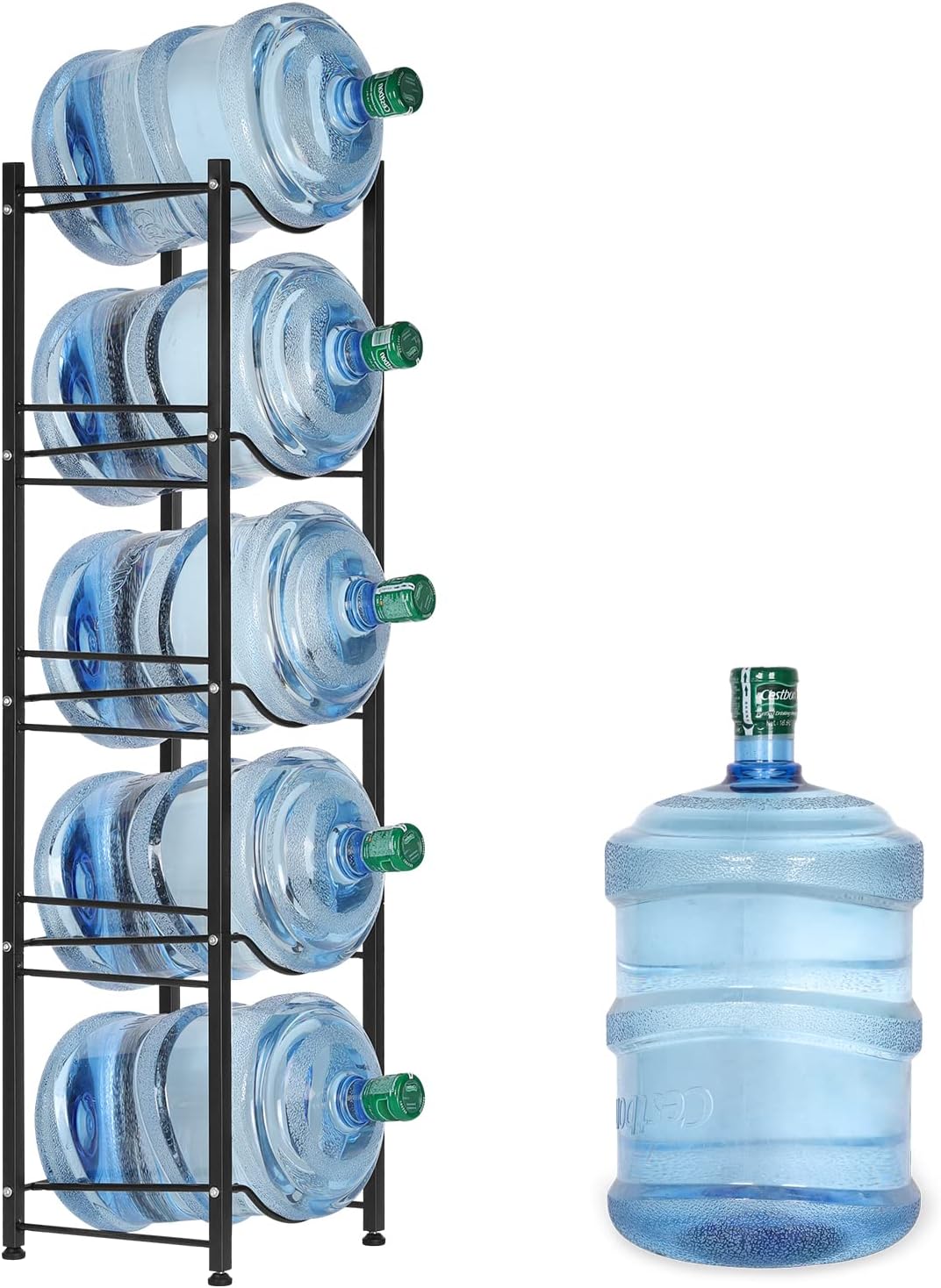 HEOMU 5 Gallon Water Jug Rack, 5-Tier Water Bottle Holder Storage Rack, Water Jug Organizer for Kitchen,Office,Garage, Dark Black