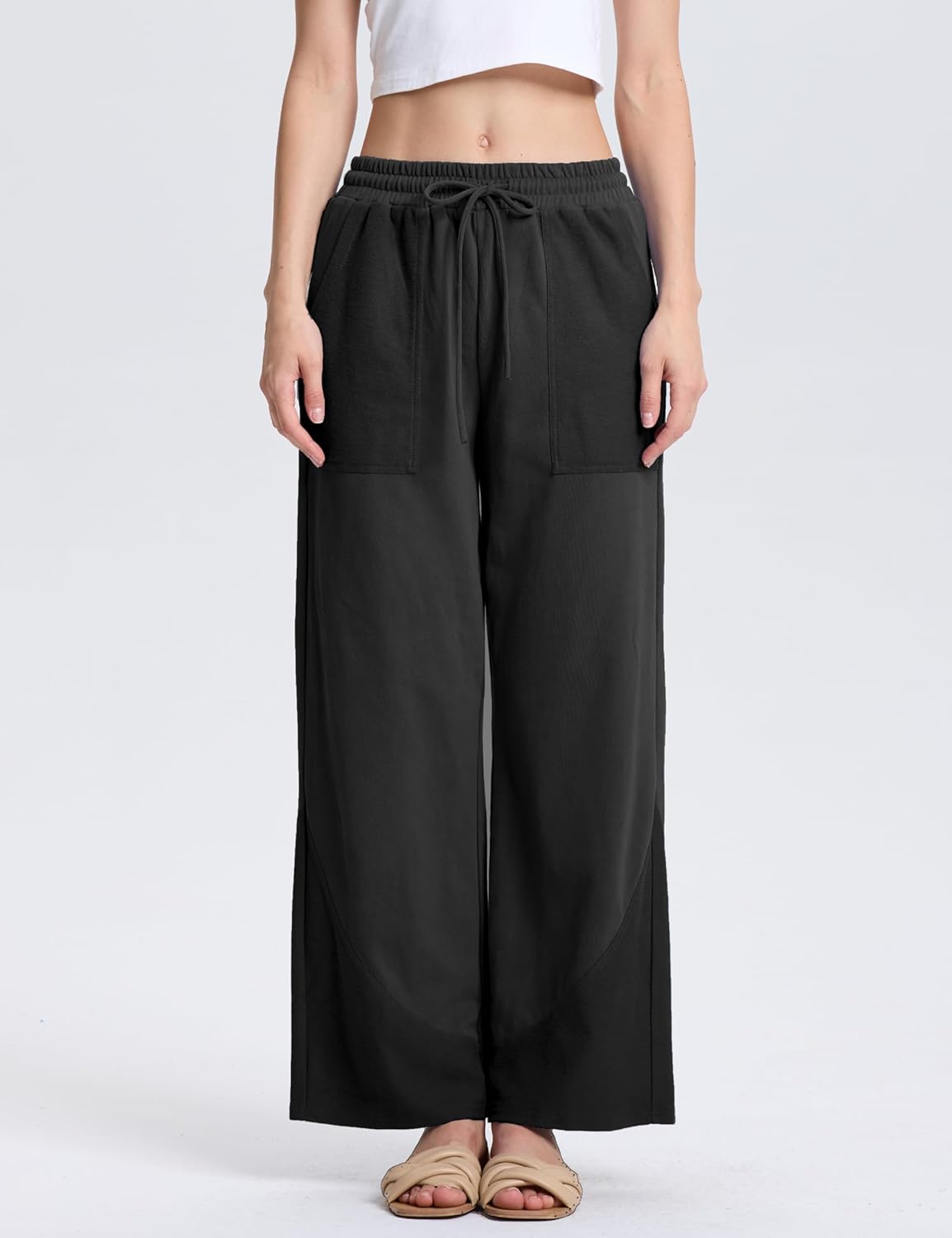 Women's Wide Leg Palazzo Pants with Elastic Drawstring Waist and Pockets - Casual Lounge Sweatpants - Image 2