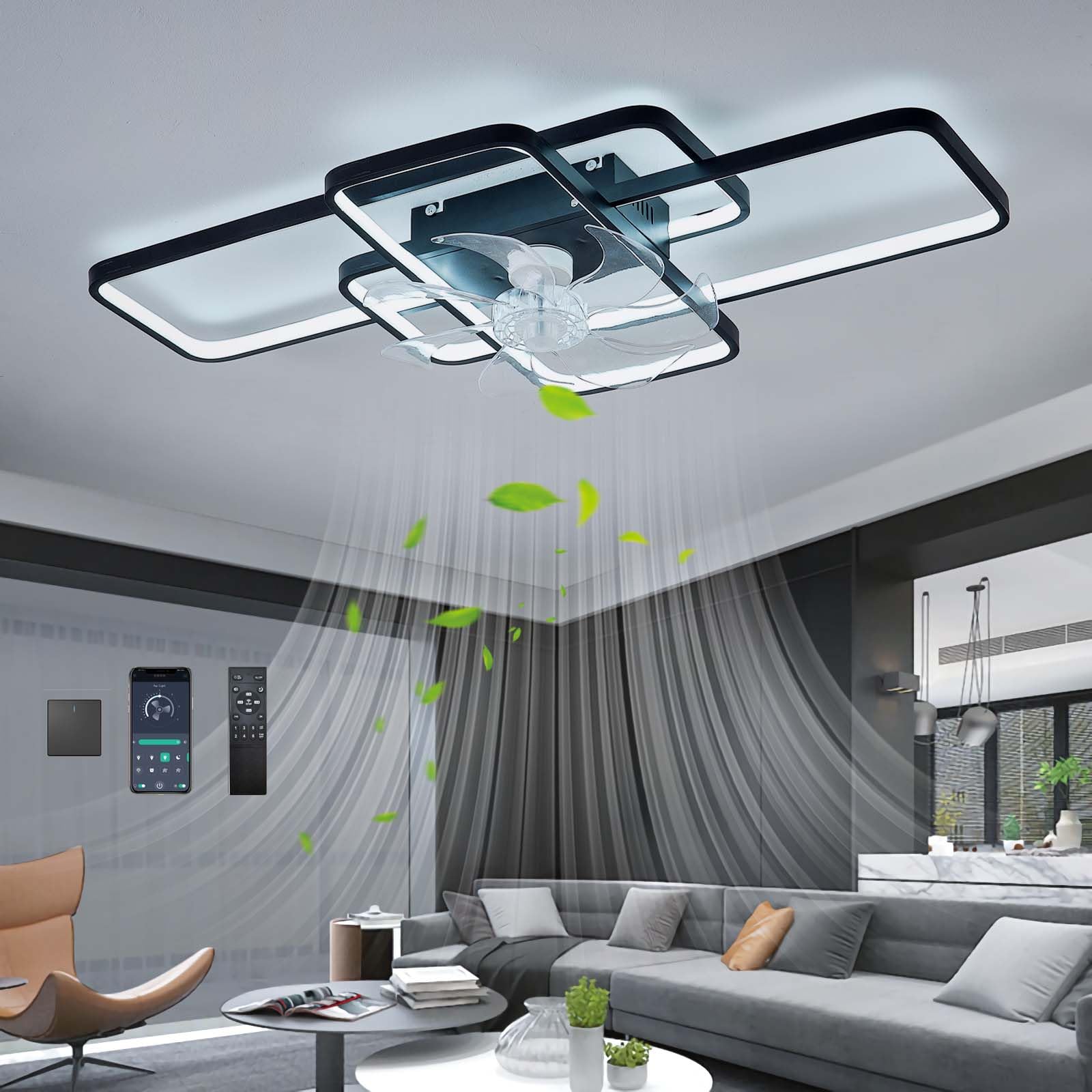 GWYAJTU 120W Large Ceiling Fans with Lamps Modern Dimmable LED Ceiling Fans with Lights and Remote/APP Control Reversible 6 Speed Timer Silent Chandeliers with Fan for Living Room Bedroom-Black||85cm