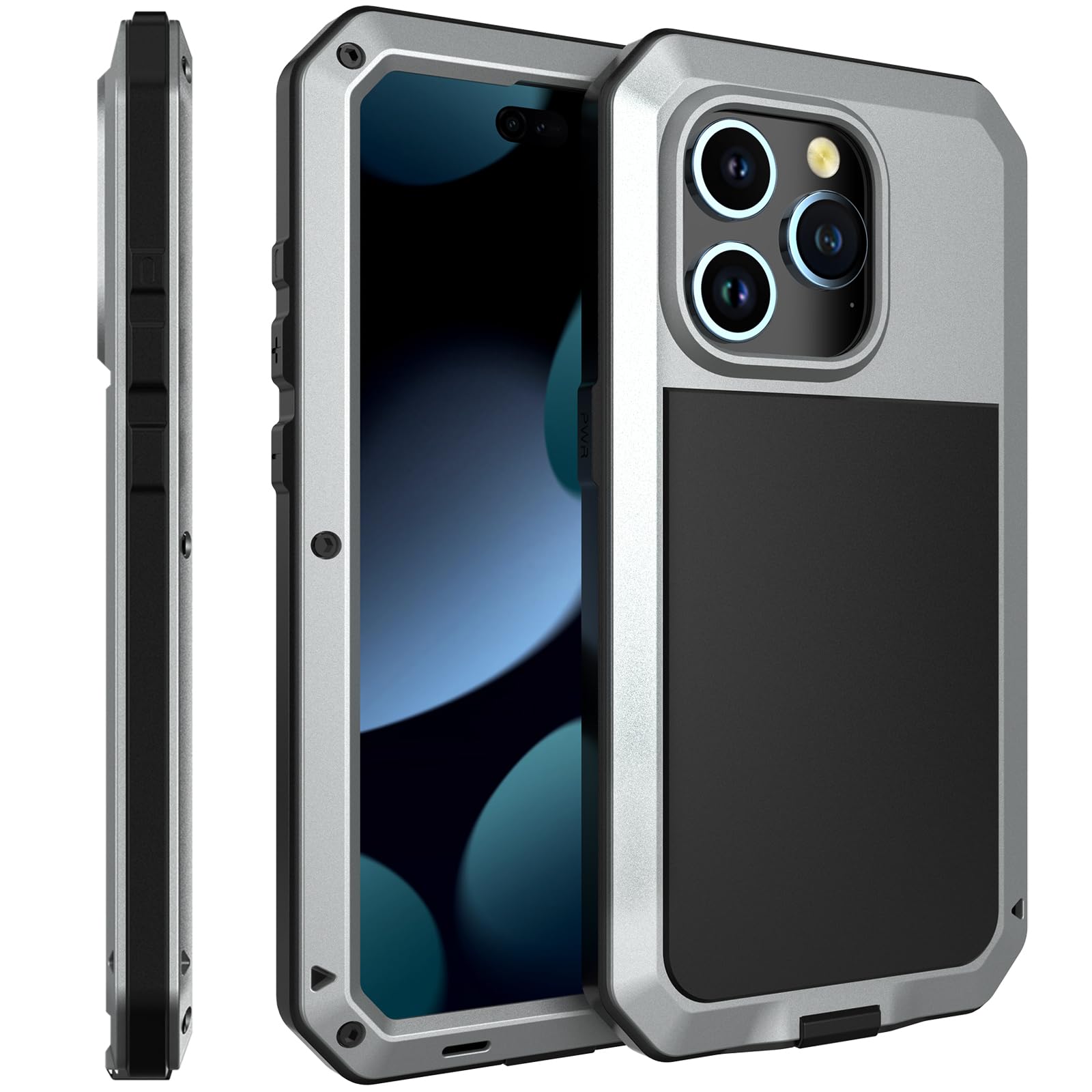 Funda compatible con iPhone 15 Pro Max, funda protectora de cuerpo completo 360, resistente, a prueba de golpes, carcasa de aleación de aluminio con protector de pantalla integrado de silicona