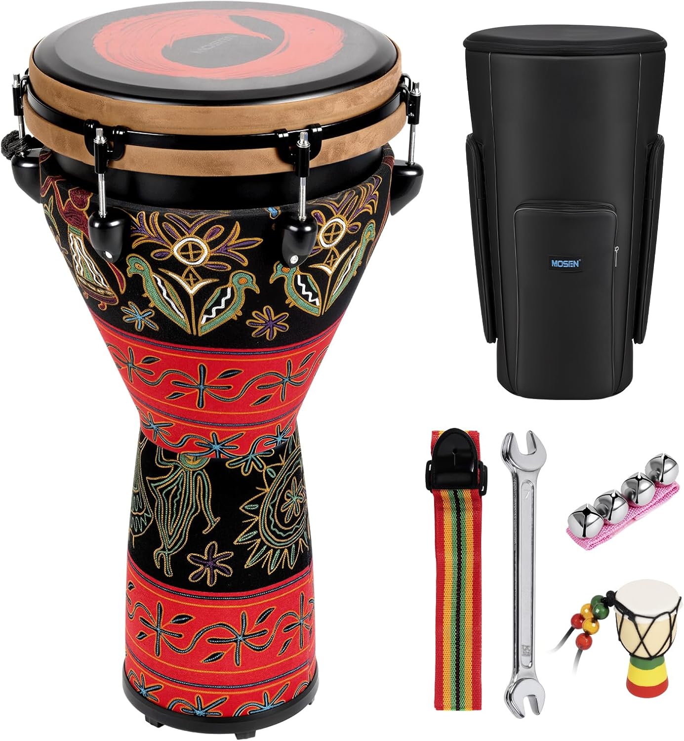 MOSEN Freestyle Mechanically Tuned 12-Inch Djembe, Carbon Fiber Hand Drum, Professional Africa Drum with drum Strap, Wrist Bells, Pendant (Colorful Craft) 12 INCH