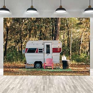 Camp Party Camping Backdrop 7x5ft Sunny Forest Camper Trailer Nature Scenery Photography Background Studio Photo Prop RBJYYLU24