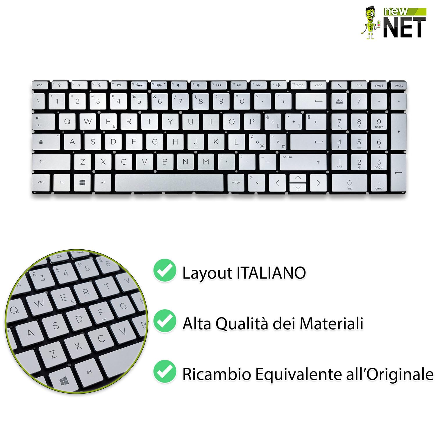 Tastiera Italiana Compatibile per HP 15S-DY, 15S-EQ, 15-EF, 15S-FQ, 15-GW, 15-CX, 15-BS, 15-CB, 15-CC, 15-CD, 15-CK, 15-BW [Senza frame - colore tasti Argento Silver - Retroilluminata - Layout ITA]
