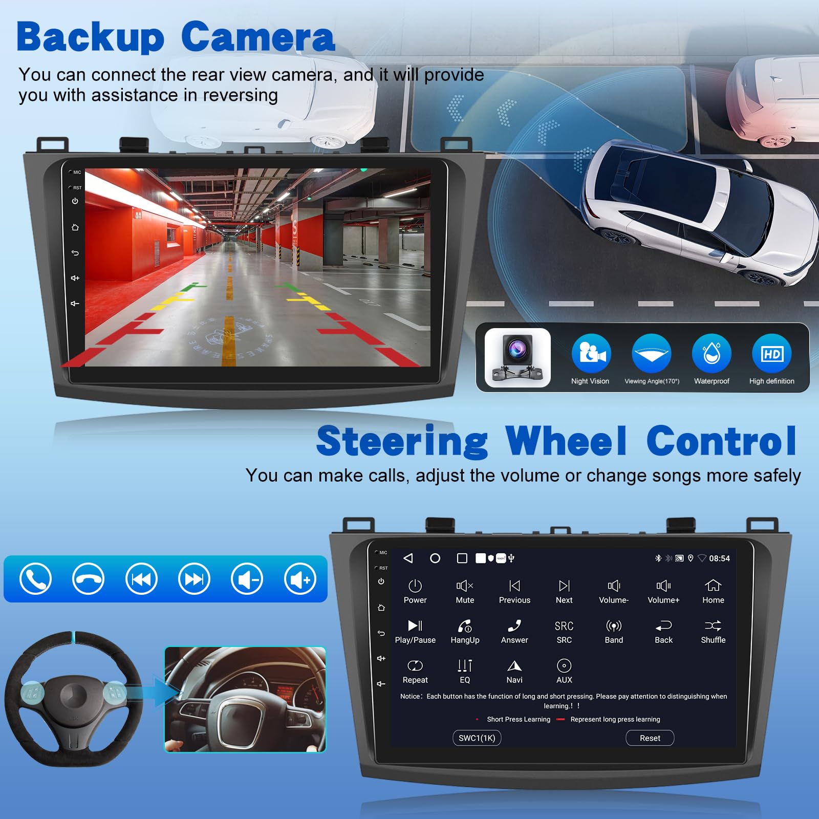 2G+64G Android Autoradio für Mazda 3 2009-2013, 9-Zoll-Touchscreen-Radio mit Kabellosem Carplay & Android Auto/WiFi/GPS/Bluetooth4.0/EQ/FM RDS Radio+Rückfahrkamera +Mikrofon