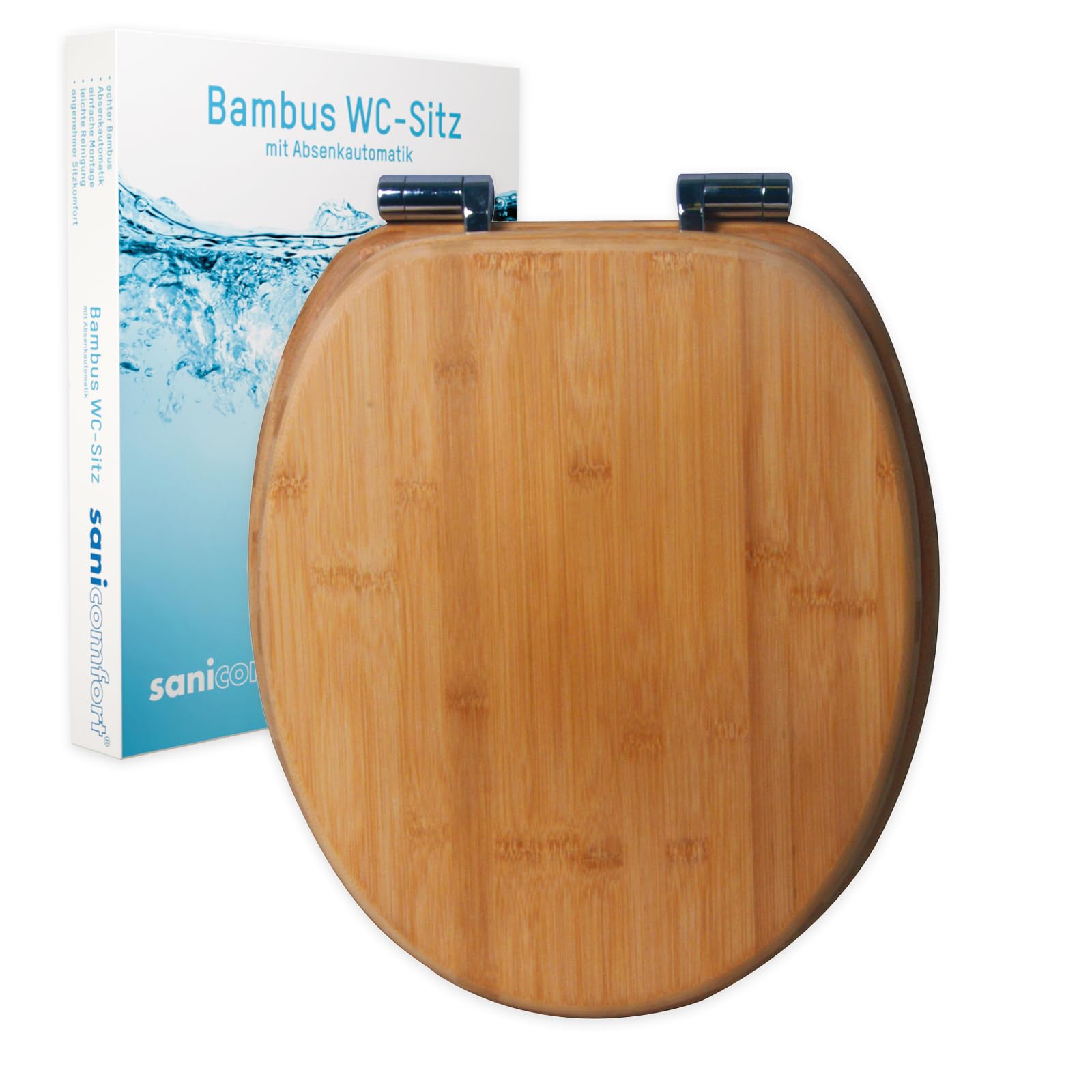 sanicomfort WC-Sitz Bambus mit Absenkautomatik | Toilettensitz aus Echtholz | Soft-Close | Antibakteriell, belastbar, oval, universell | Edelstahl-Scharniere – dark