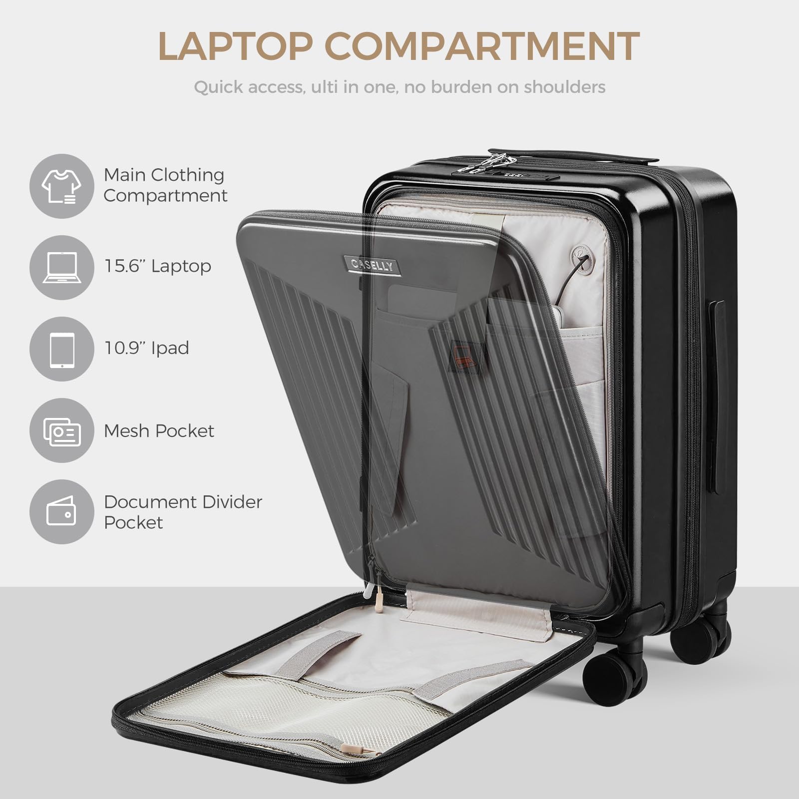 Equipaje de mano con ruedas giratorias y cerradura TSA integrada, maleta rígida de carga superior expandible, maleta de gran capacidad, equipaje rodante duradero con puerto USB BH013, Negro