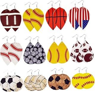 12pairs Sports Theme Leather Dangle Earrings Multi Pack Teardrop Shape Rugby Basketball Baseball Earrings for Women Men