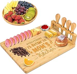 OEAGO Christmas Stocking Stuffers Charcuterie Boards Set Birthday Gifts for Mom, Mom Gifts Bamboo Cheese Board Set with 1 Round Tray 4 Stainless Steel Knife