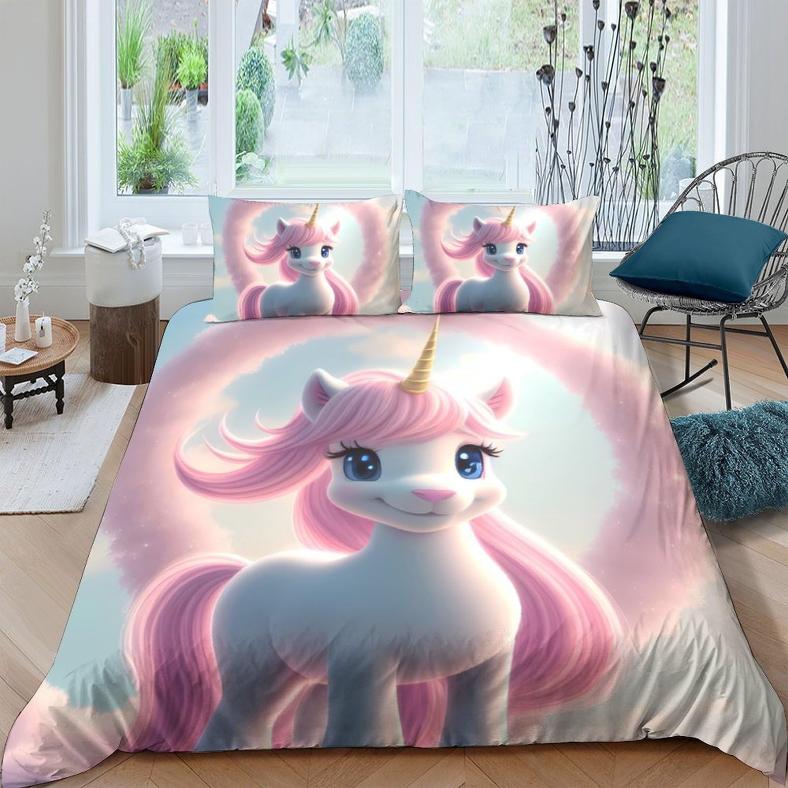 GPLZQXKJNH 3D Printed Pink Unicorn Duvet Cover Microfiber Soft Breathable Rainbow Bedding Set with 2 Pillowcases for Bedroom Decor, Single（135x200cm）