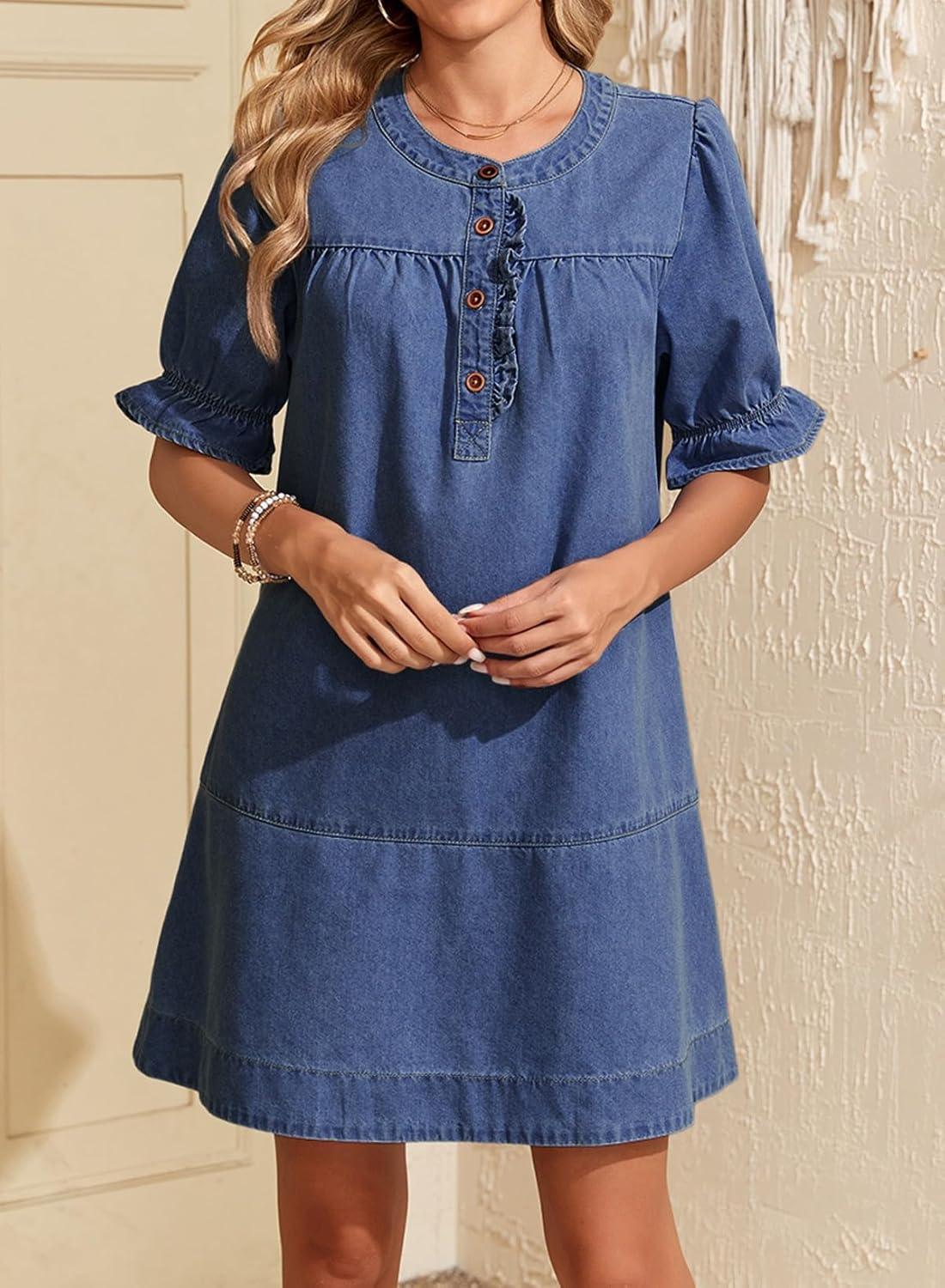 Dokotoo Women's Denim Dress 2026 Babydoll Dress Casual Ruffle Short Sleeve Button Jean Dresses - Image 4