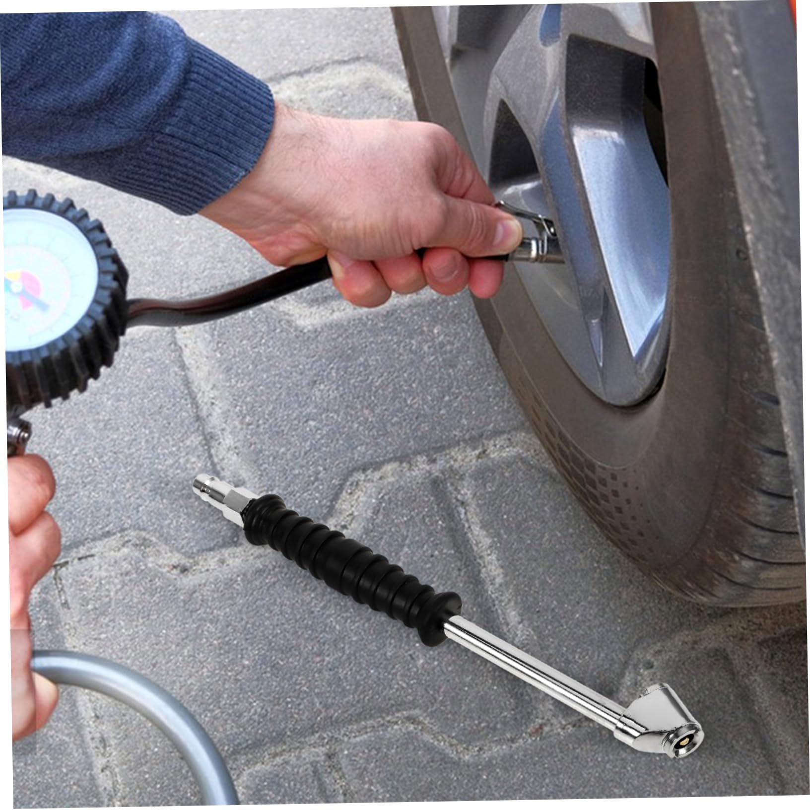 Gatuida 5stücke Tire Air Chuck Mit Druckmessgerät Multifunktionales Reifenfüllgerät Für Verschiedene Ventiltypen Mit Schnellbefüllungsstange Und Robuster Metallkonstruktion Für