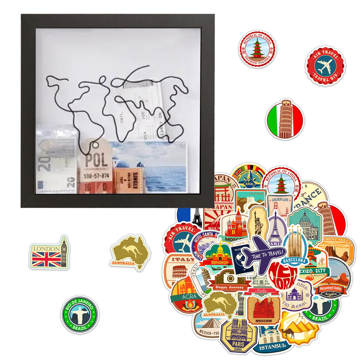 1 Piece Money Box with 50 Map Stickers, Travel Postcard, Stamp Storage, Photo Frame Ticket Box - World Map Print Souvenir