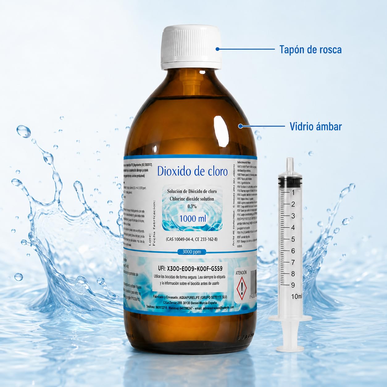 Dioxido de Cloro 3000ppm - CDS 0,3% - Envasado en Botella Cristal Ambar - Fabricado en España (1000ml)
