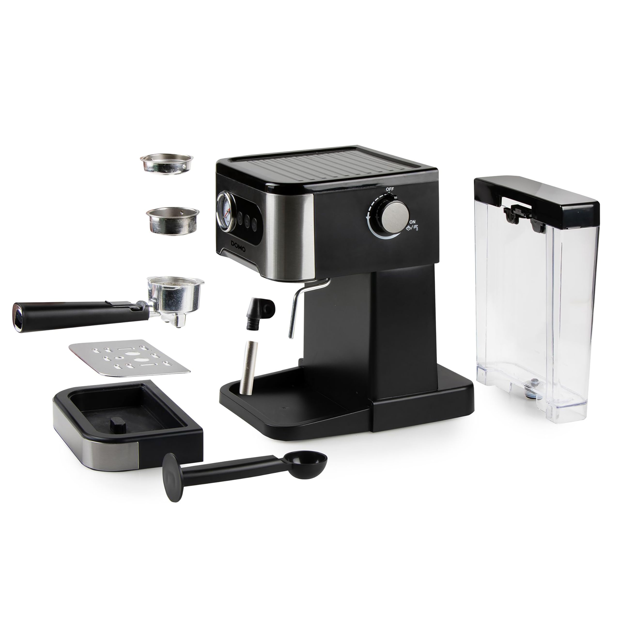 DOMO DO1138K Espressomaschine mit Manometer - 20 Bar - Mit integrierte Dampfdüse - Edelstahl/schwarz