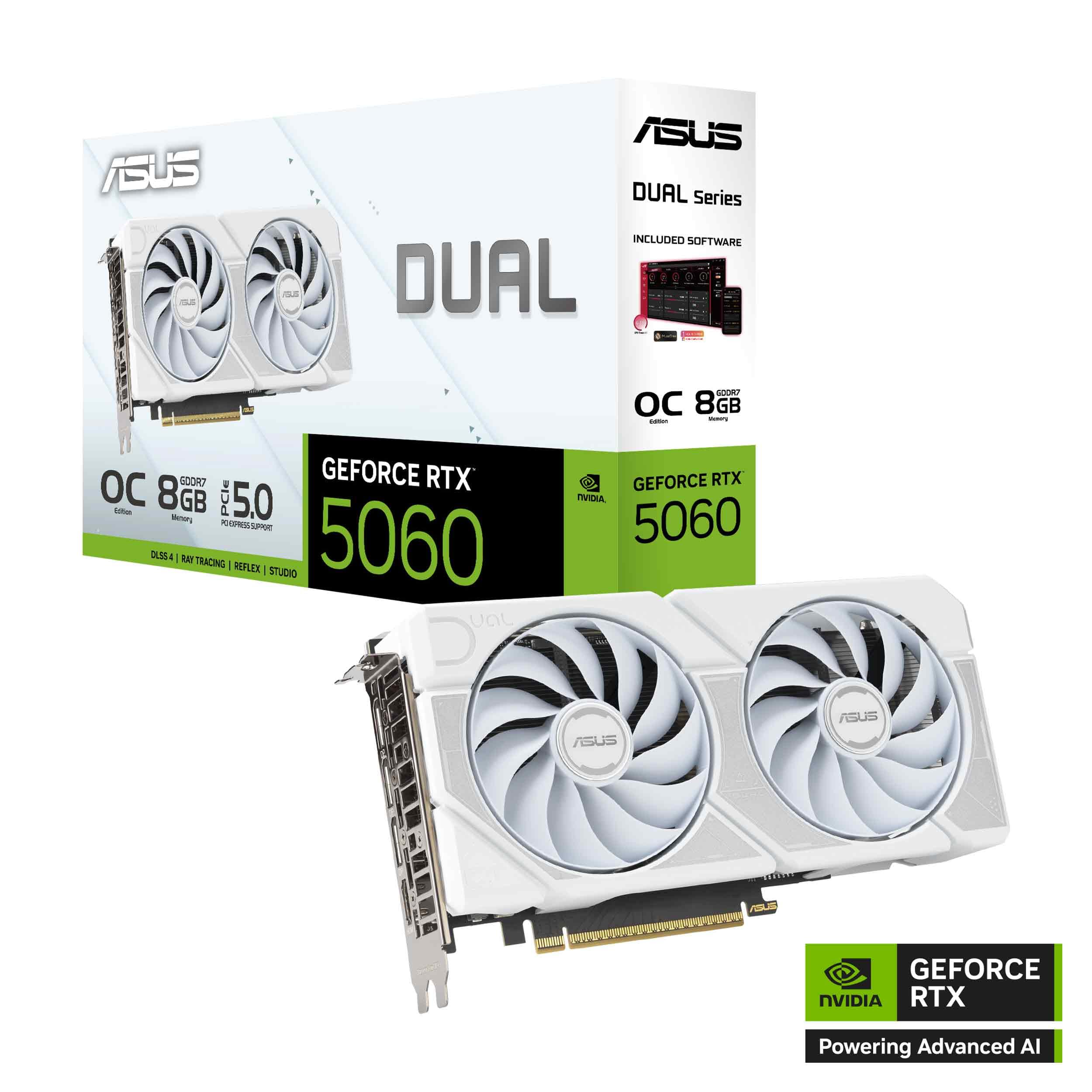 ASUS Dual GeForce RTX 5060 Carte Graphique GDDR7 White OC Edition Gaming, PCIE 5.0, HDMI 2.1b, DisplayPort 2.1b, Blanc