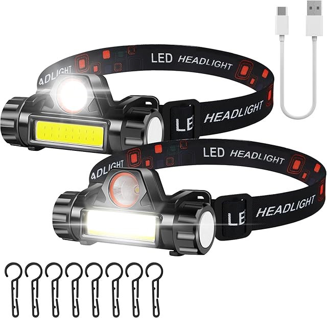 Head Torch, 2 Pack USB Rechargeable LED Head Torches Light IPX4 Waterproof, Battery Powered COB and XPE Head Lamp Flashlight with Magnetic Base for Running Camping Hiking Walking Fishing Hard Hat