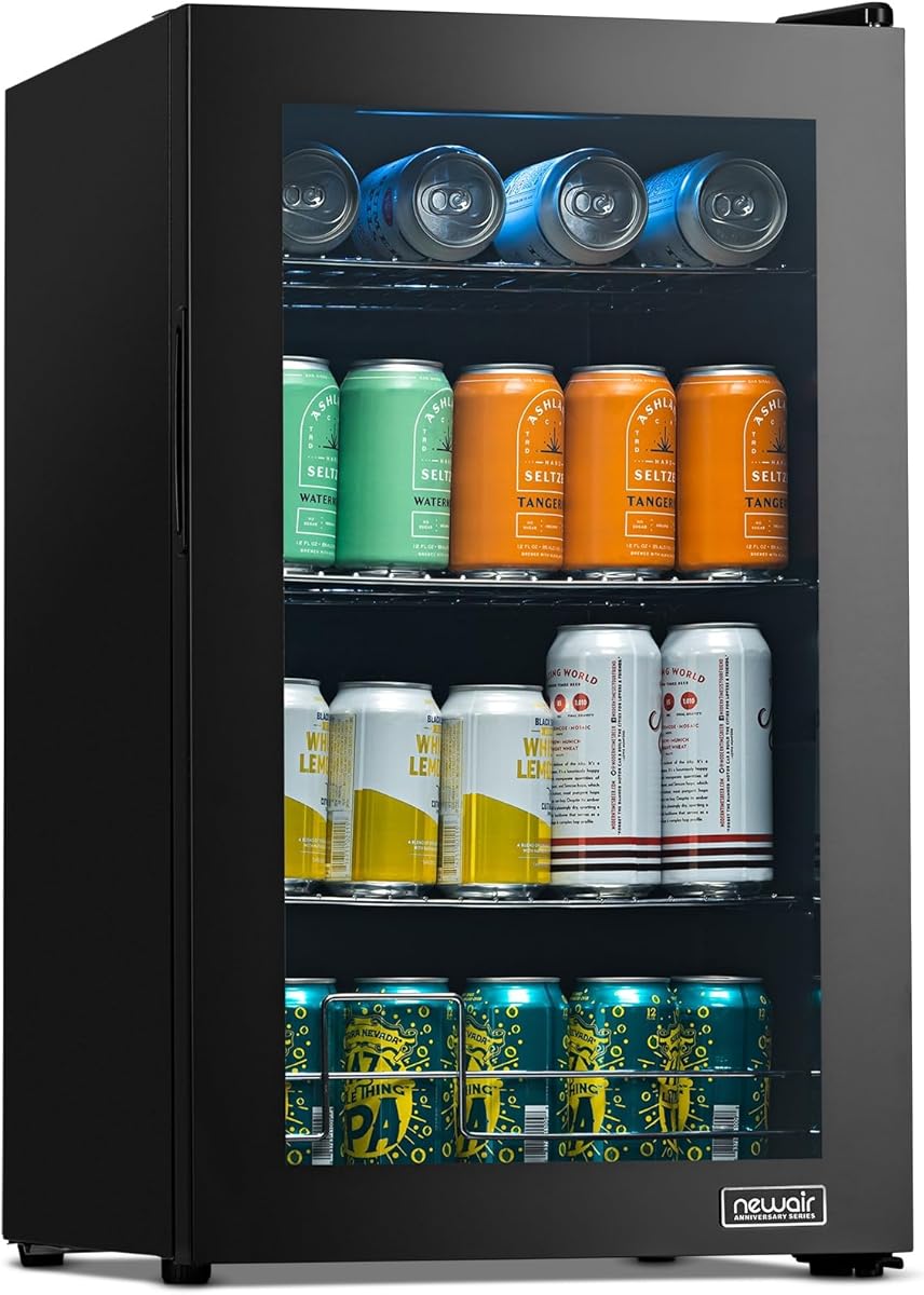 NewAir Beverage Refrigerator 100 Cans Cooler, Free Standing Black Fridge with Reversible Glass Door, Mini Fridge Beverage Organizer For Beer, Wine, Soda, and Drinks : Appliances