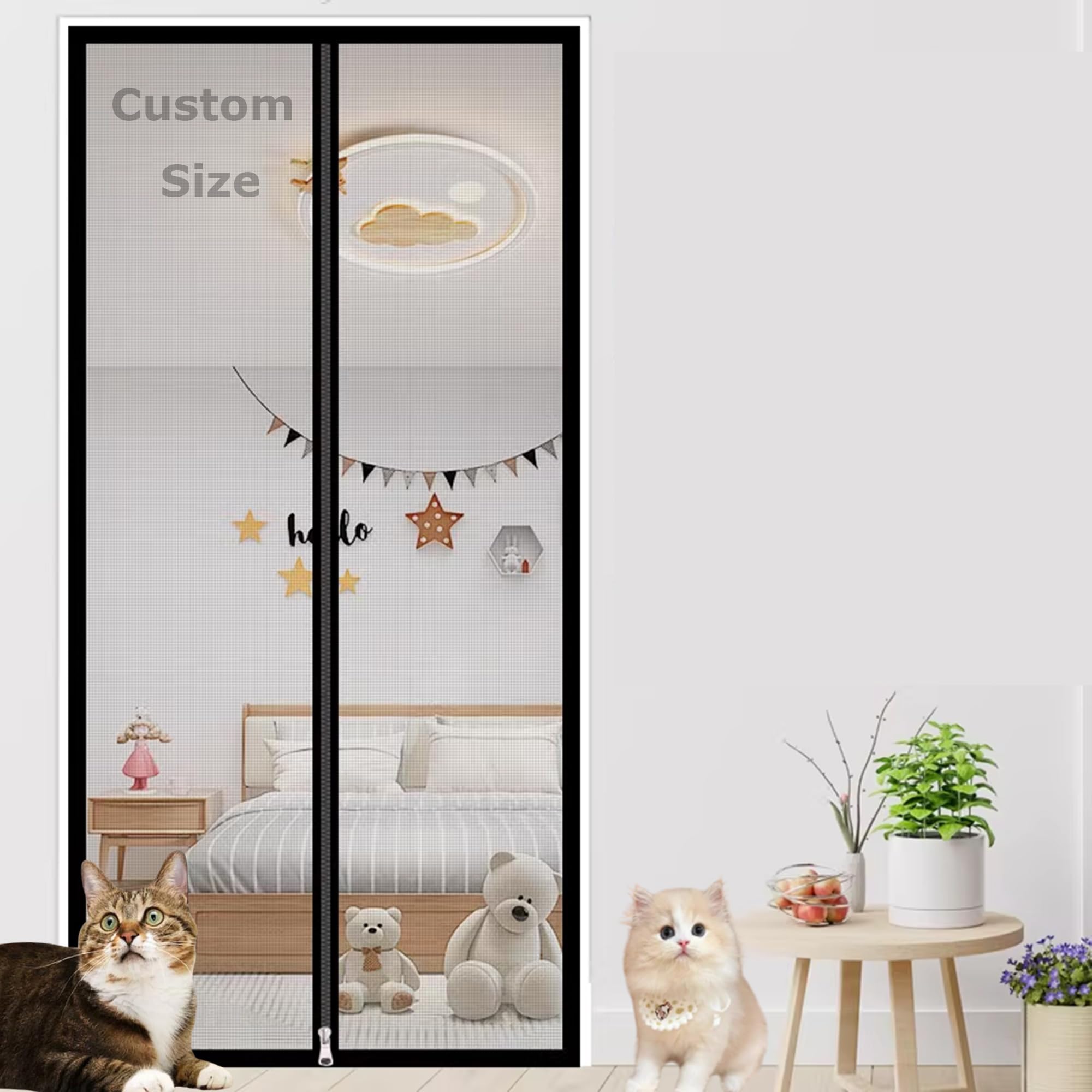 Duoleh Grey Custom Size Cat Screen Door With Zipper, Pets Proof Door Curtains No Drilling, Patio Cats Pets Protection Mesh, Bedroom Fly Screen Anti Mosquito Netting (W*H:80x200cm)