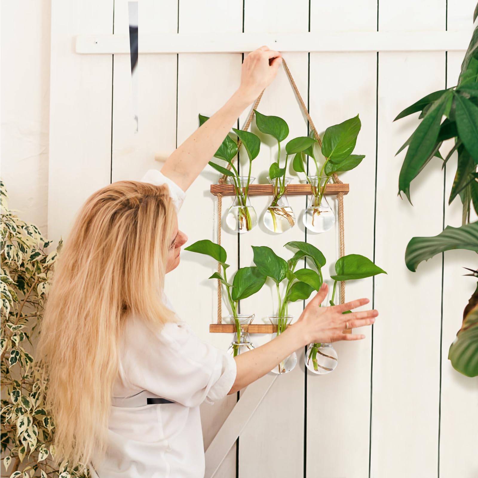 XXXFLOWER Wall Hanging Plant Propagation Station with Wooden Stand 3 Bulb Vase 2 Tiers Glass Planter Stations for Hydroponic Plant Cuttings Home Garden Wedding Decoration - Image 3