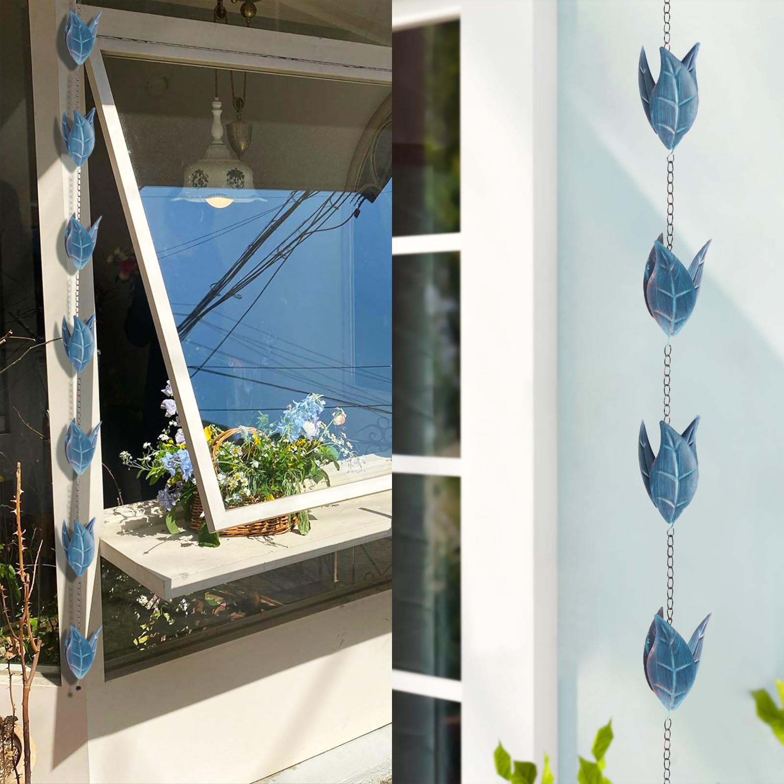 Tefola 2.6m Chaine de Pluie, Rain Chain, Chaînes de Pluie, Chaine de Pluie pour Gouttiere Rétro en Forme de Feuille de Fer Bleu à Accrocher sur Les Balcons, Les Toits et Les Jardins