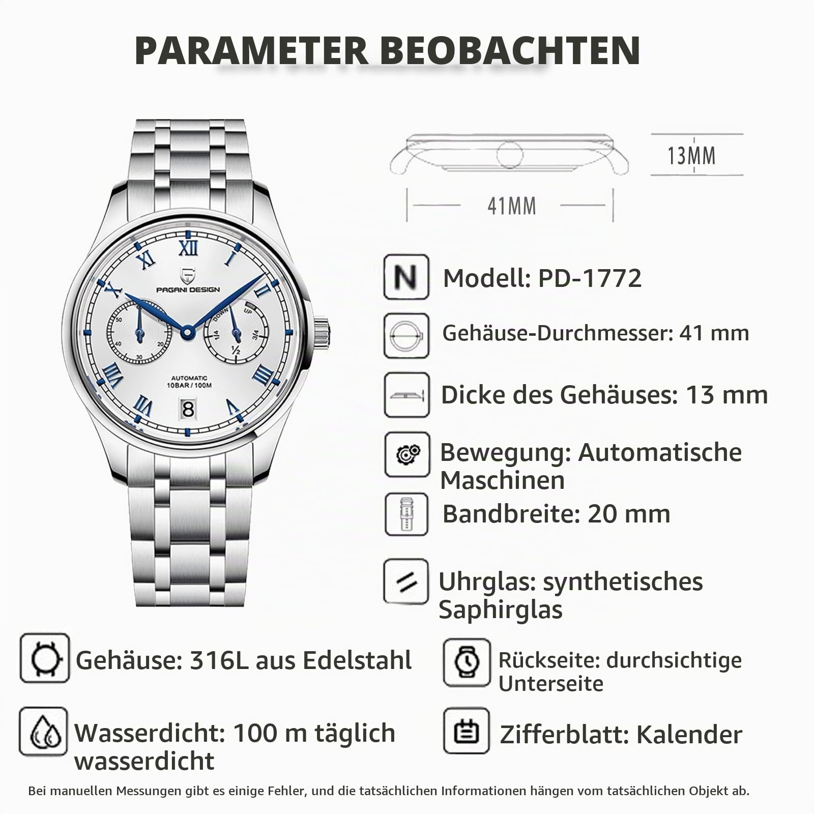 Pagani Design Herrenuhr Classic 41mm Automatik Mechanische Edelstahluhr Saphirglas Wasserdicht Datum Luxus Casual Uhr