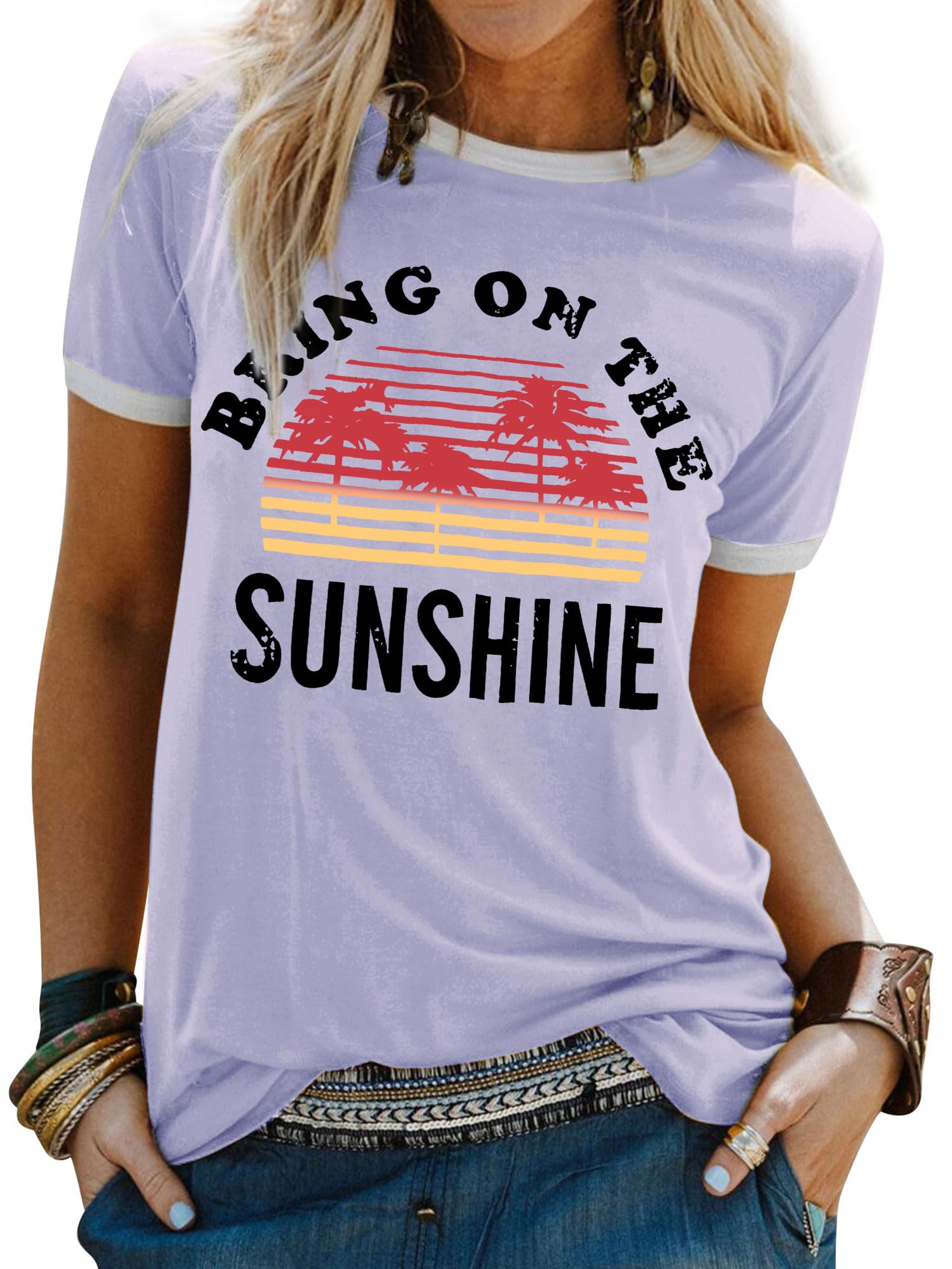 WIEIYM T-Shirt Damen Bring On The Sunshine Tshirt Sommer Lässig Tee Shirt Rundhals Kurzarm T-Shirts Brief Gedruckt Bluse Tops S-XXL
