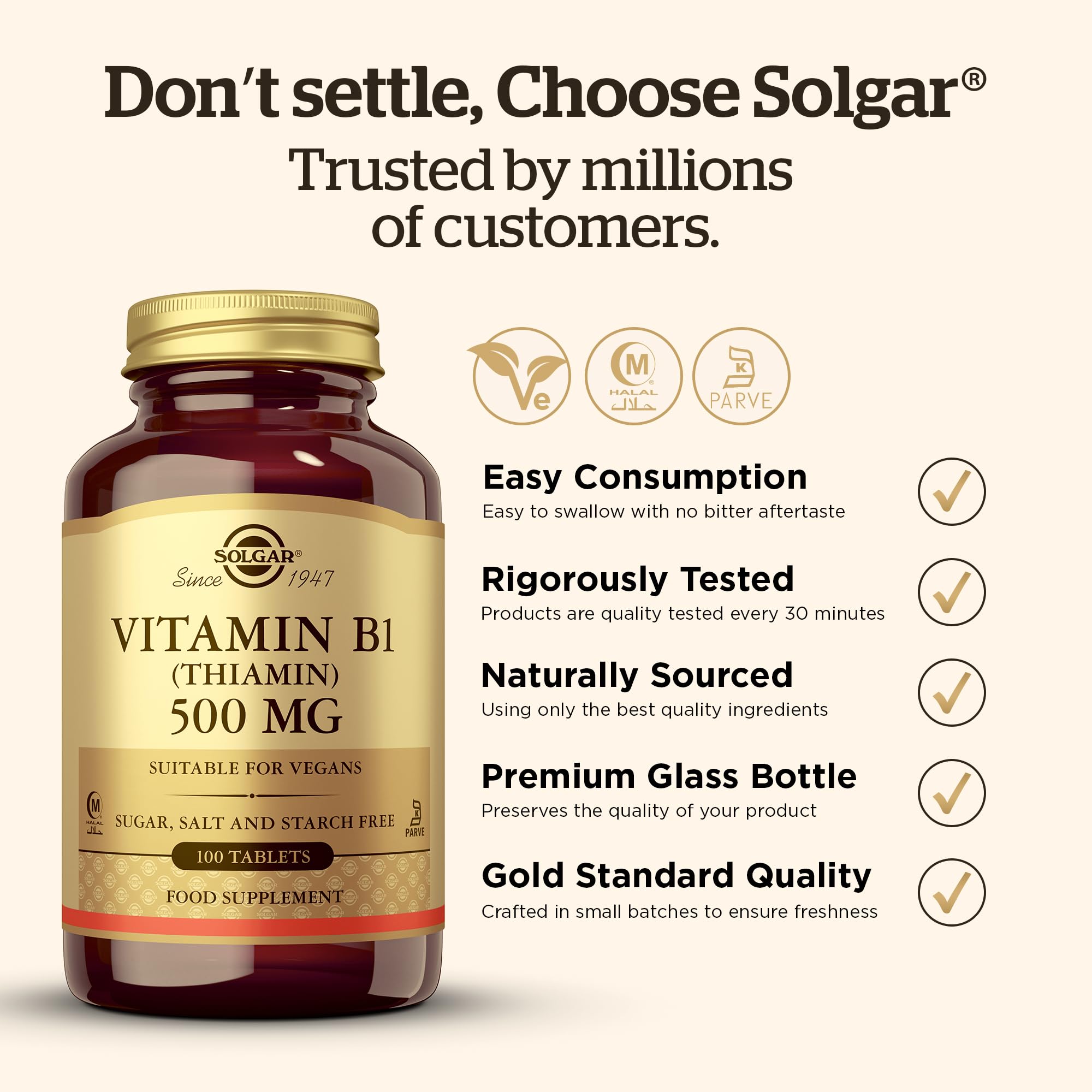 Solgar Vitamin B1 (Thiamin) 500 mg Tablets - Pack of 100 - Supports Energy Metabolism and Nervous System - Vegan