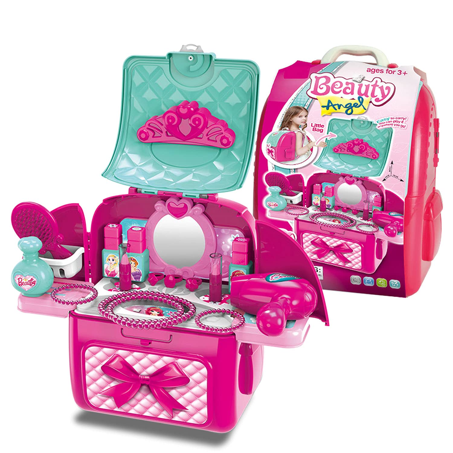 Shape28 Makeup Toy Play Set Cosmetic Bag Pretend Play Make Up 39 Pcs Backpack for Children not Real Makeup Nail Polish Shadow Brushes Toy for Girl 3 4 5 6 7