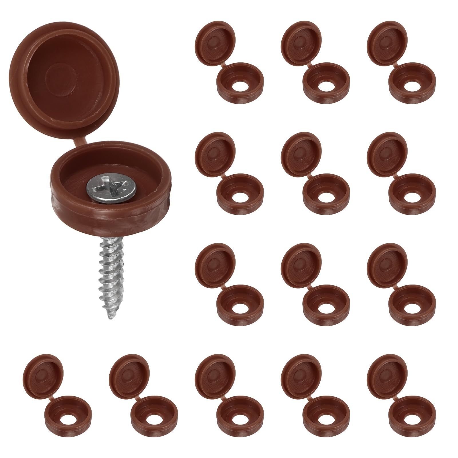 sourcing map 200pcs Plastic Hinged Screw Cover Caps 5.9mm / 0.23" Shutter Screw Caps Fold Snap Washer Covers for Windows Outside Railings Furniture, Dark Brown