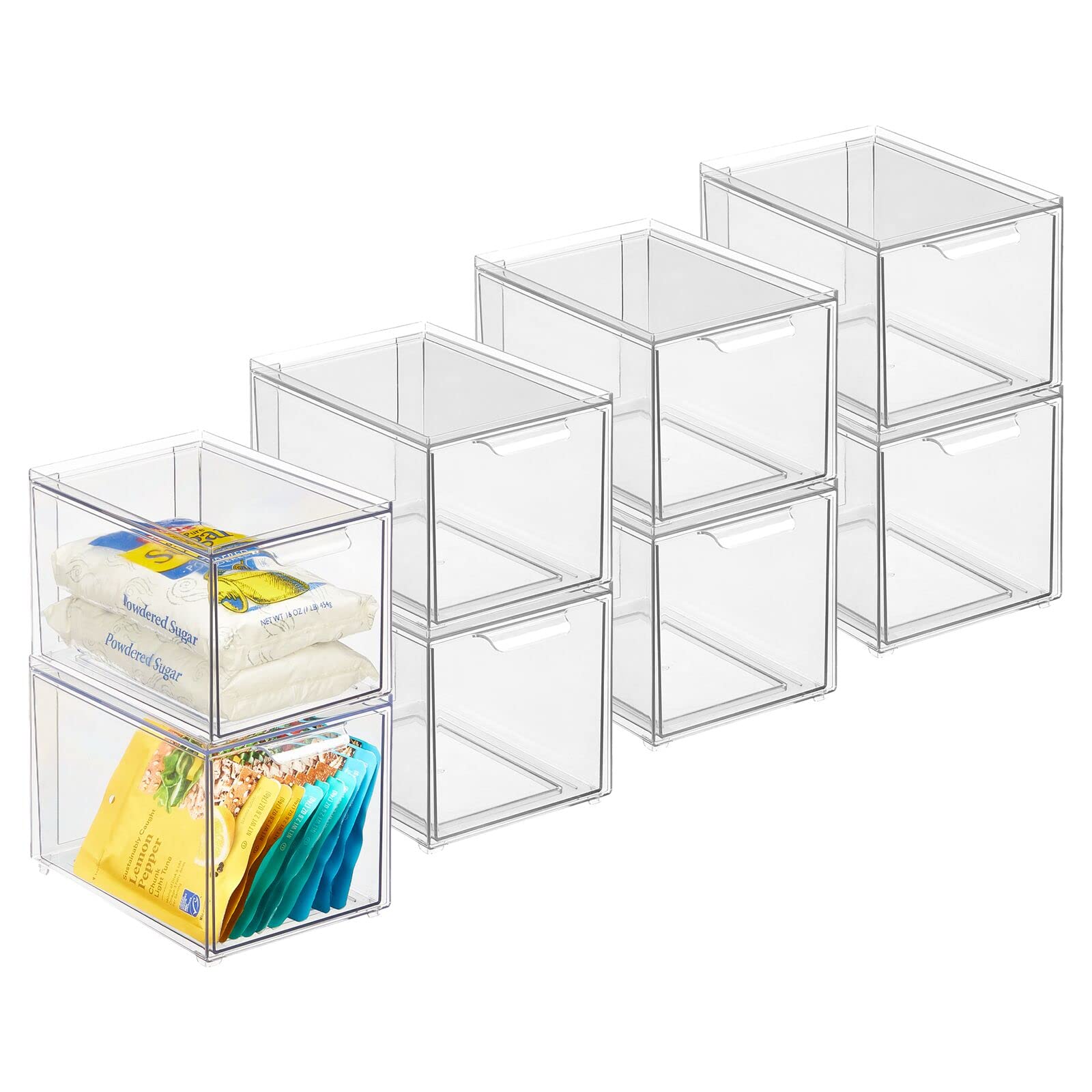 mDesign Plastic Pantry Organization and Storage Bin w/ Pull Out Drawer - Slim Stackable Kitchen Supplies Storage Container for Organizing Cabinet, Fridge, Freezer - Lumiere Collection - 8 Pack - Clear