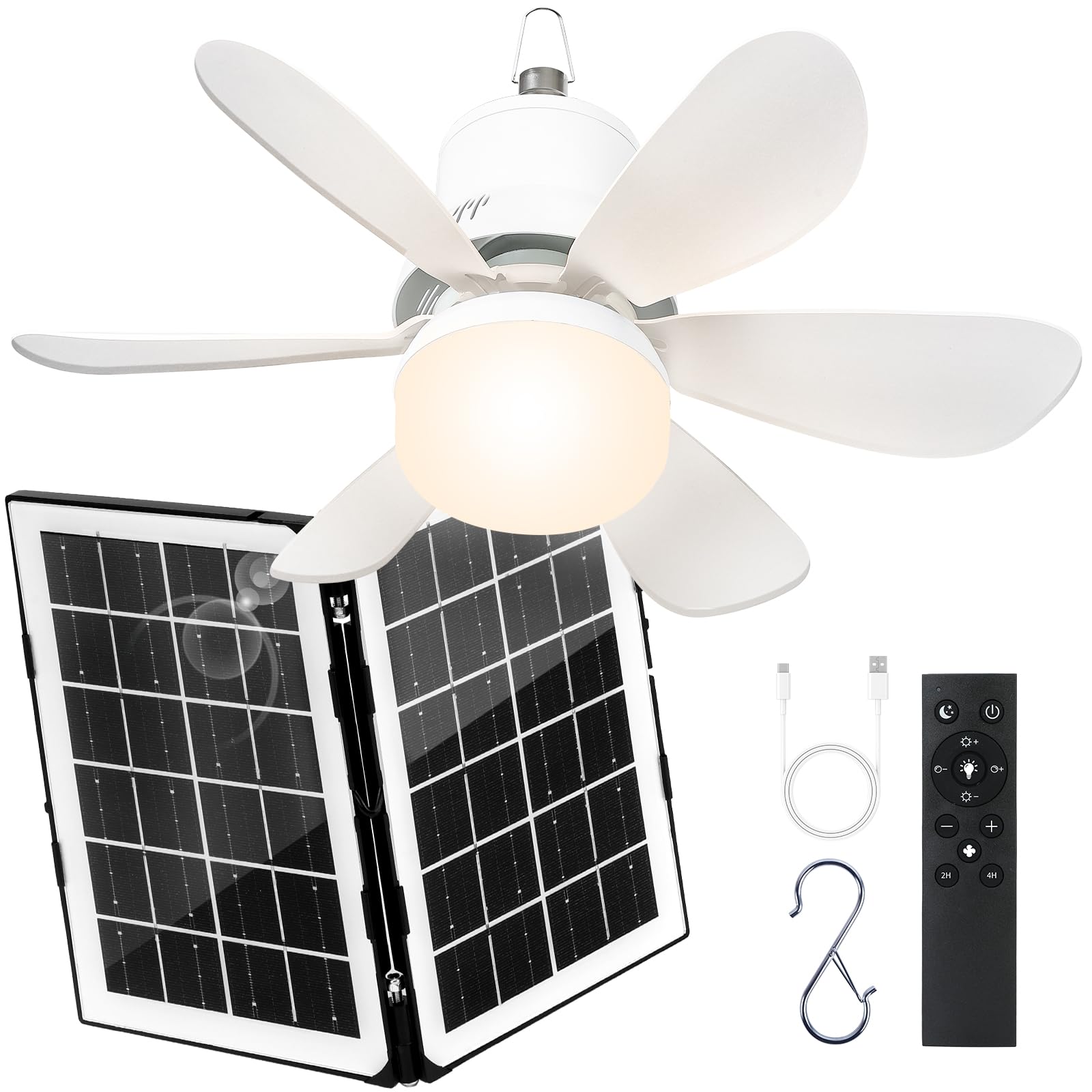 Portable Solar Ceiling Fan with Lights 18.5in