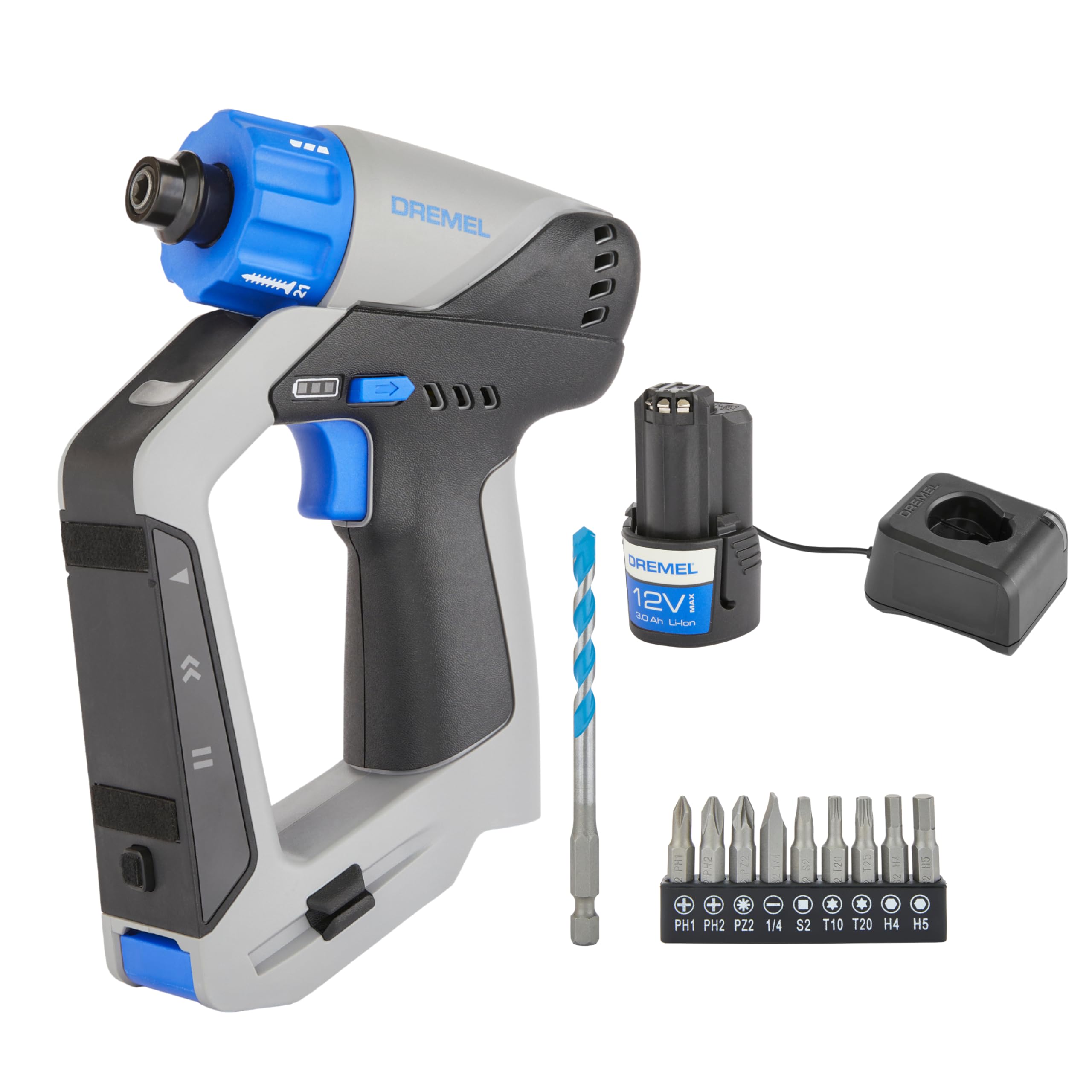 Dremel Blueprint 12V 3-in-1 Akku-Bohrschrauber Multischrauber Set mit Ortungsgerät, 1x abnehmbarer Linienlaser, 2.0 Ah Akku, 9x Schrauberbit, 1x Multimaterial Bohrer Bit,Battery Powered