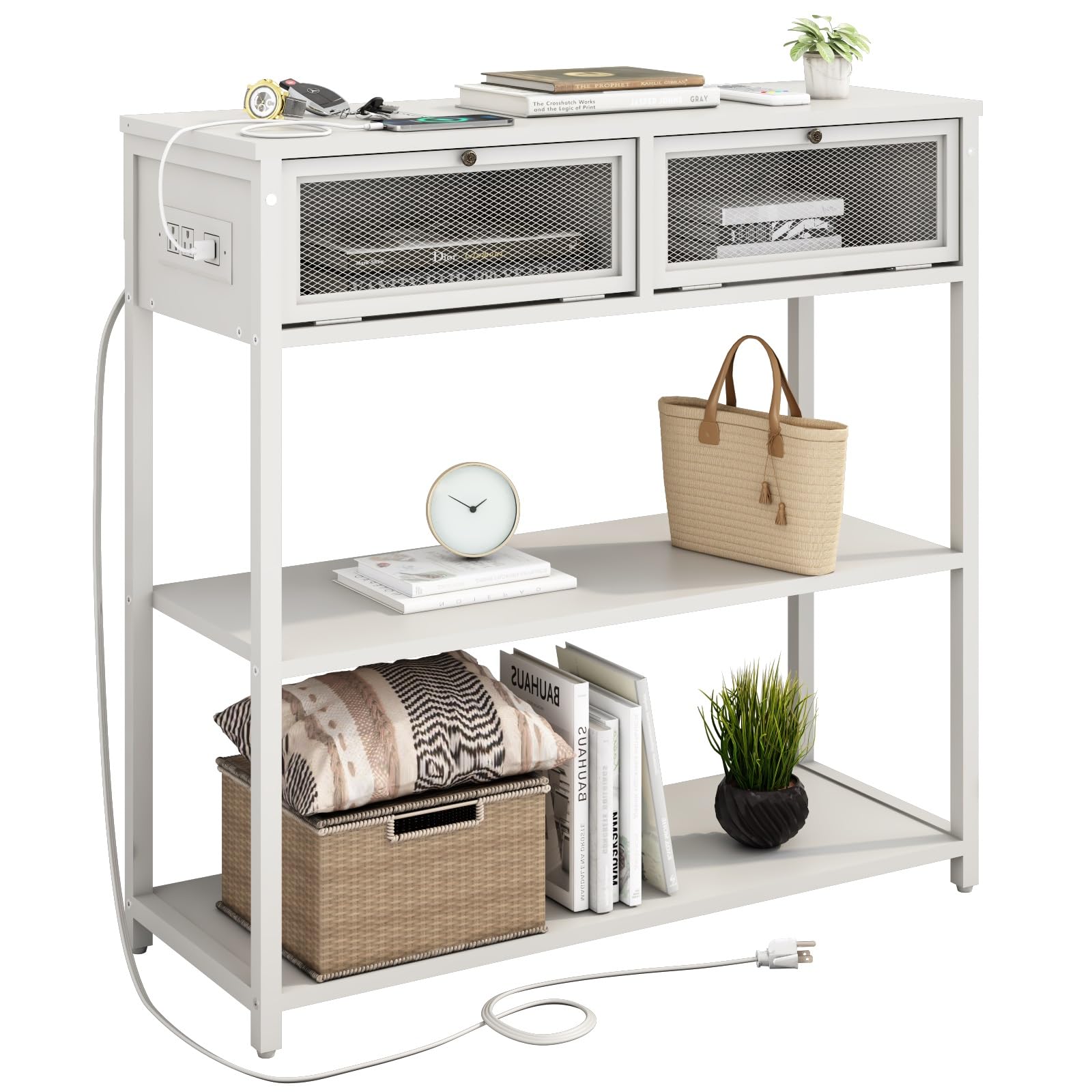 SOOWERY Console Table with Charging Station, 32'' Entryway Table with Doors, Sofa Table Narrow Long with 3 Tiers Open Wood Storage Shelves, for Living Room, Entryway, Foyer, White