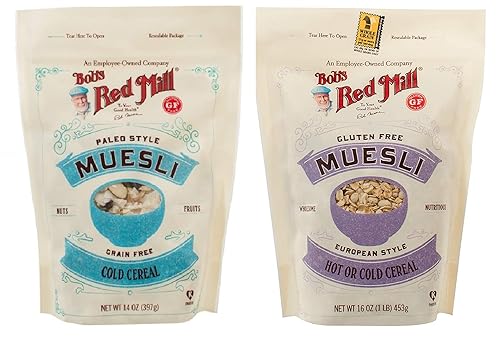 Bobs Red Mill Grano Frío Cereal Paleo Style Muesli Real Frutas secas 14 OZ y Bobs Sin Gluten Muesli Caliente o Frío 16 oz