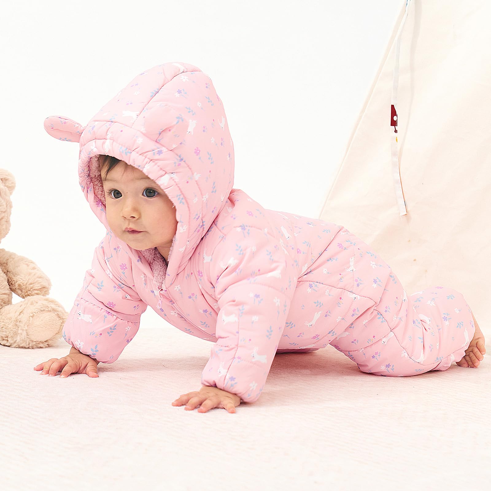 JiAmy Baby Winter Schneeanzug, Kleinkind Bär Kapuze Fold-Over Fäustlinge Füßlinge Overall Kleinkind Warm Fleece Strampler Mädchen Jungen Warm Jumpsuit 3-24 Monate